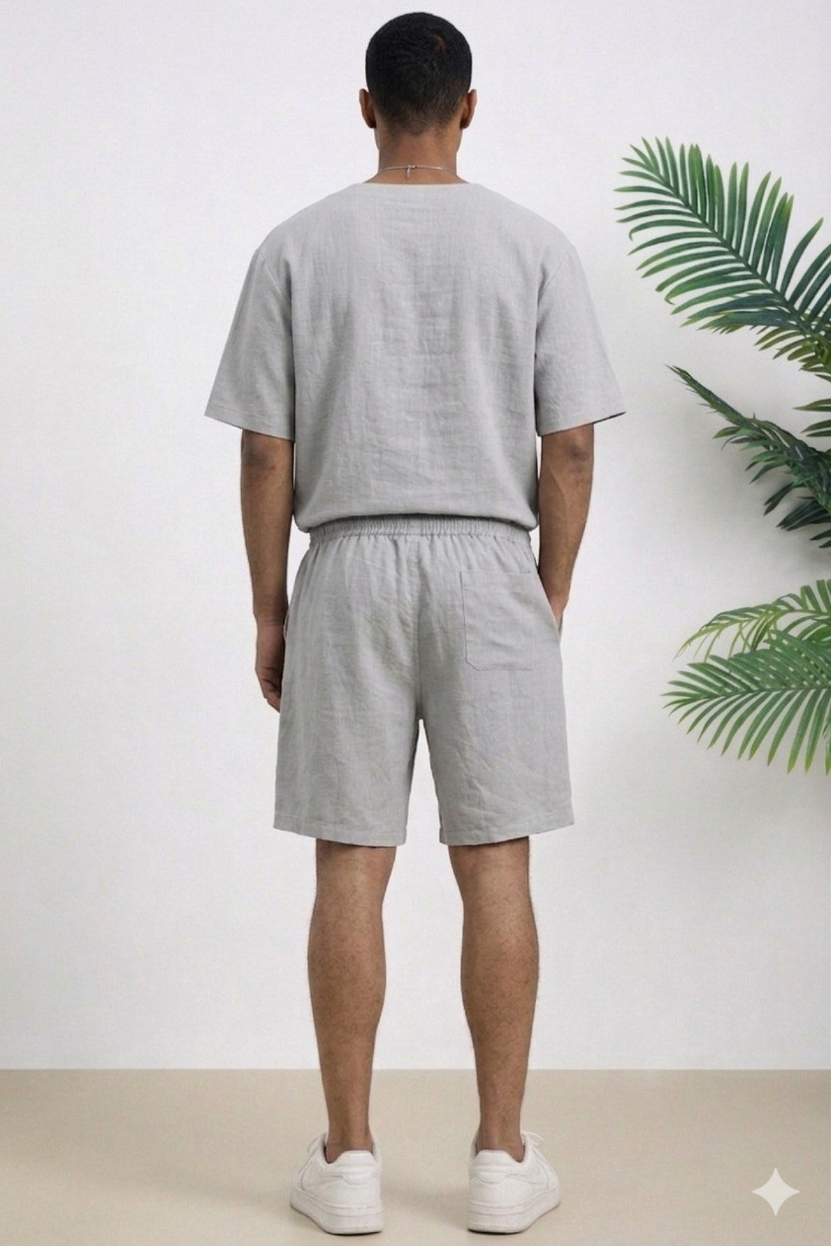 Tarz CoolAlt - Üst TakımTC-OVR-STR-001-Haki-LErkek Oversize Şort Takım V Yaka Yırtmaçlı Tişört Rahat Kesim Yazlık Takım