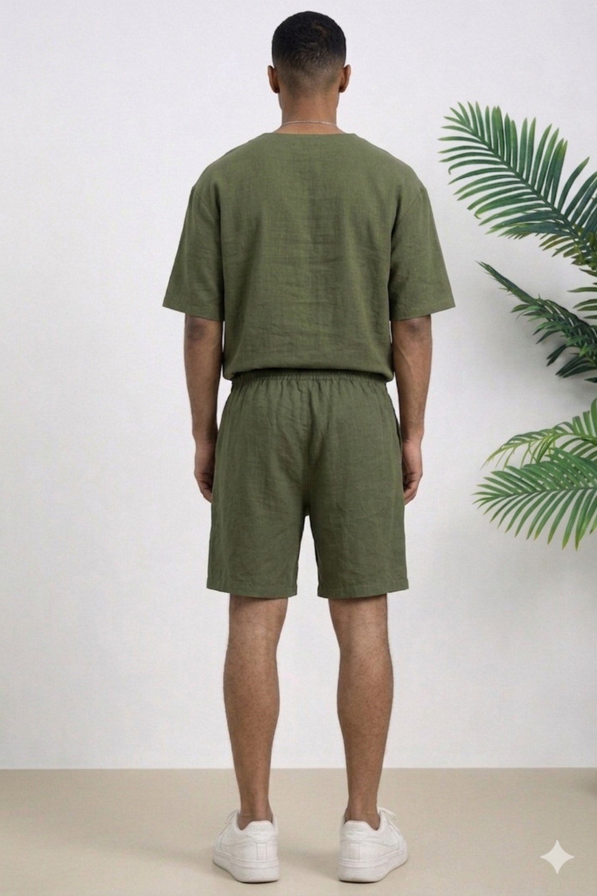 Tarz CoolAlt - Üst TakımTC-OVR-STR-001-Haki-LErkek Oversize Şort Takım V Yaka Yırtmaçlı Tişört Rahat Kesim Yazlık Takım