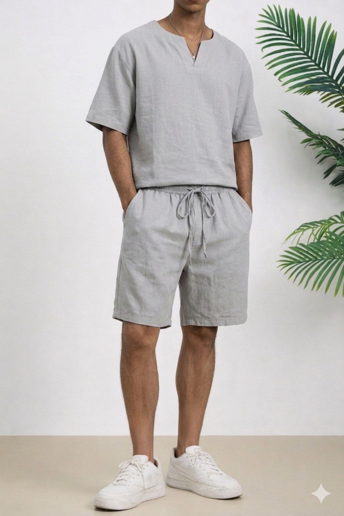 Tarz CoolAlt - Üst TakımTC-OVR-STR-001-Haki-LErkek Oversize Şort Takım V Yaka Yırtmaçlı Tişört Rahat Kesim Yazlık Takım
