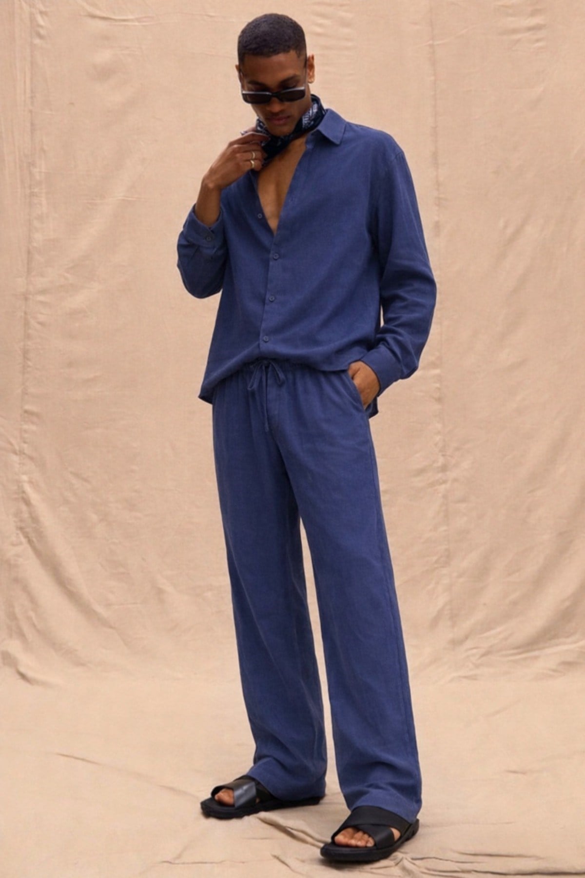 Tarz CoolAlt - Üst TakımTNSL-TKM-026-Haki-LErkek Haki Tencel Kumaş Oversize Gömlek Pantolon Takım – Rahat Kesim Yazlık Kombin