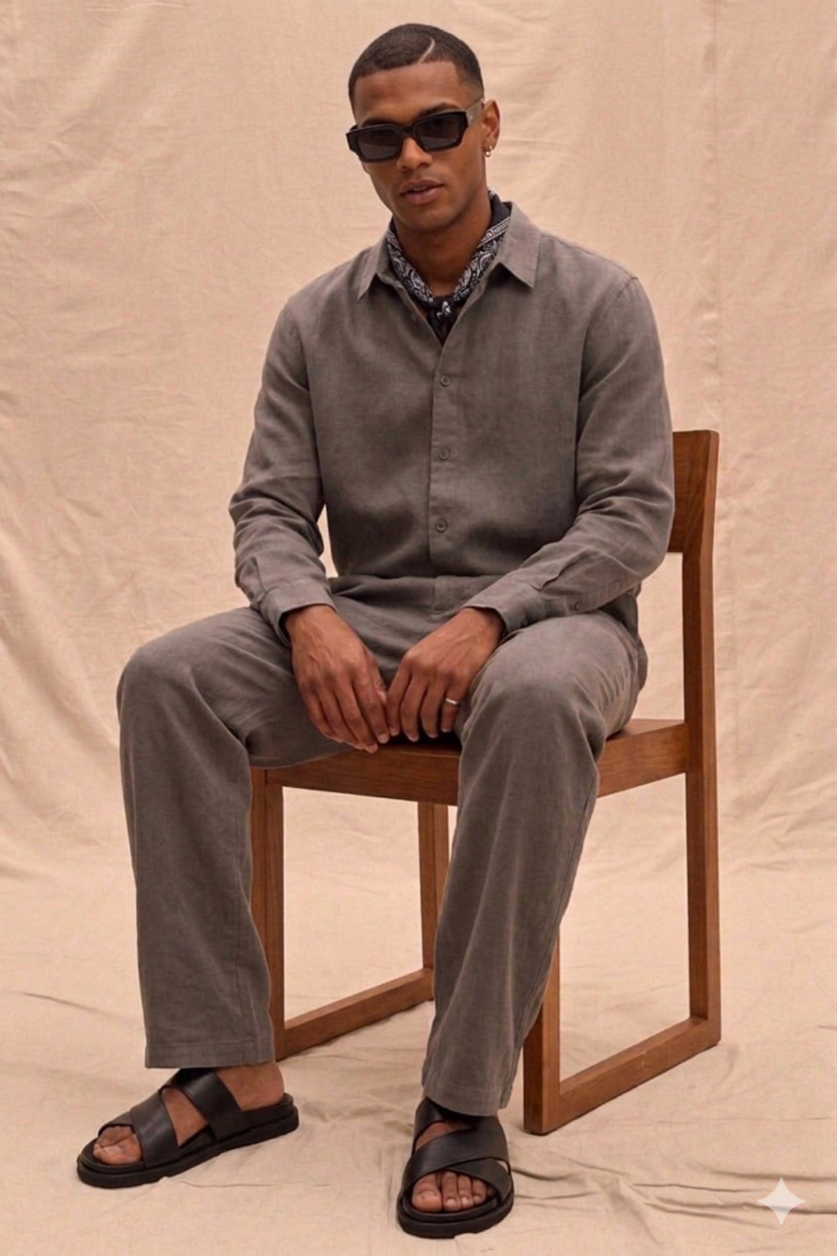 Tarz CoolAlt - Üst TakımTNSL-TKM-026-Haki-LErkek Haki Tencel Kumaş Oversize Gömlek Pantolon Takım – Rahat Kesim Yazlık Kombin