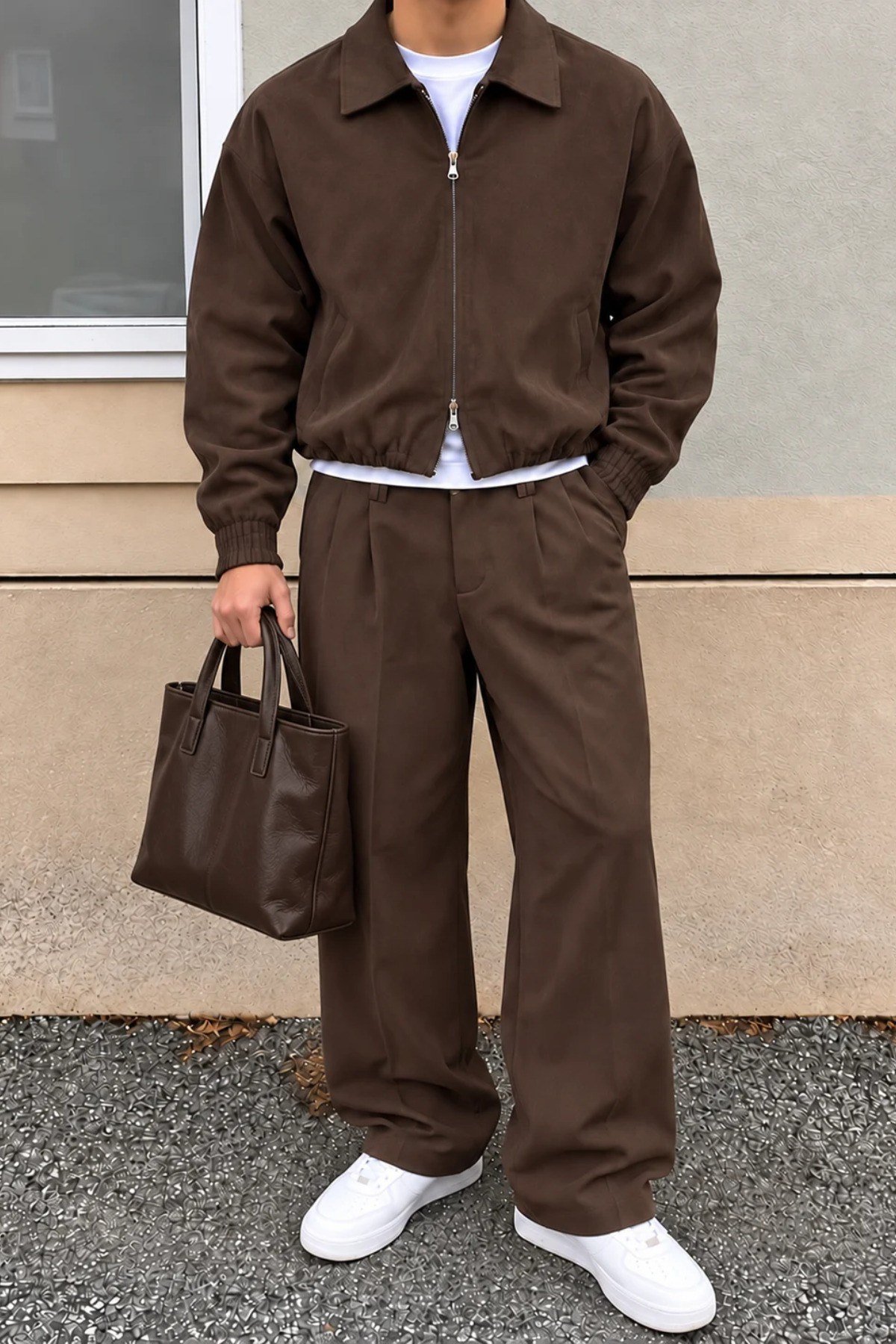 Tarz CoolAlt - Üst TakımTRZK2721-Kahverengi-LErkek Oversize Çift Fermuarlı Ceket ve Baggy Pantolon Alt Üst Takım