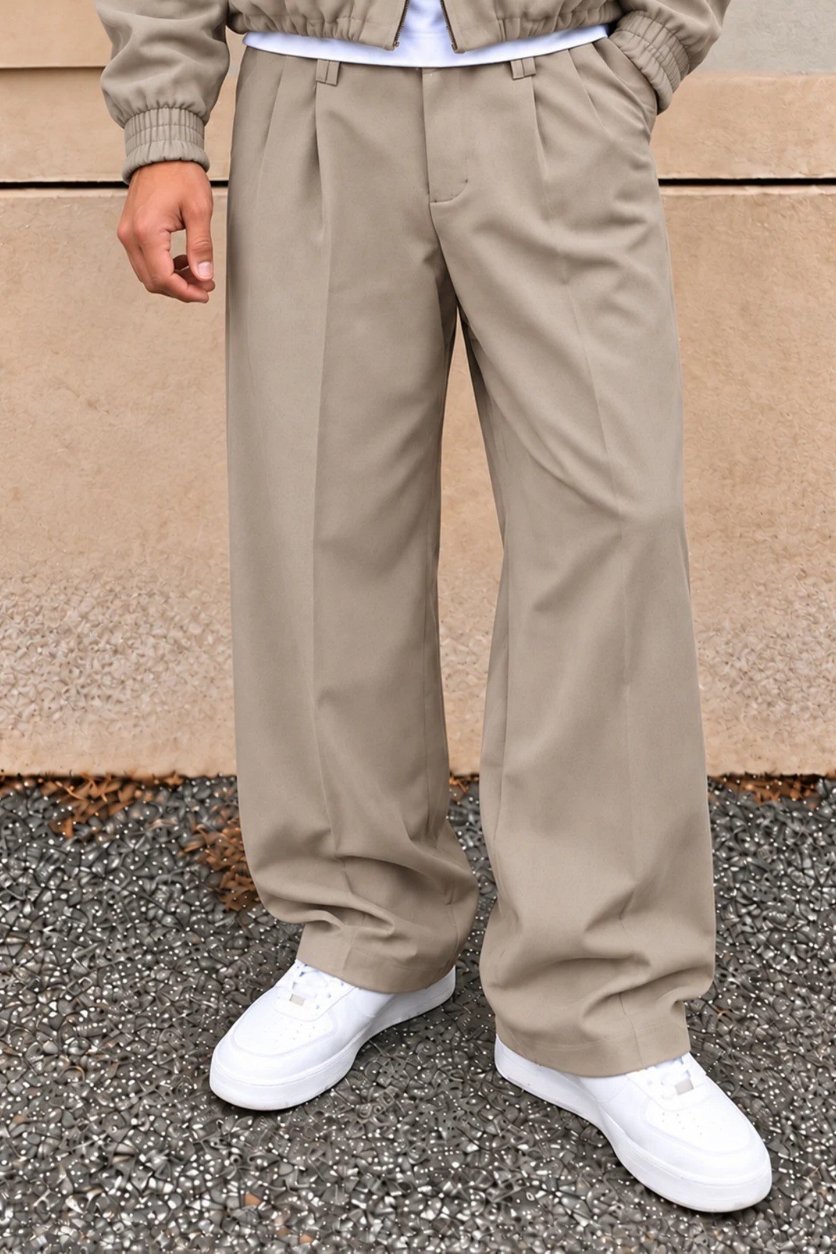 Tarz CoolAlt - Üst TakımTRZK2721-Kahverengi-LErkek Oversize Çift Fermuarlı Ceket ve Baggy Pantolon Alt Üst Takım