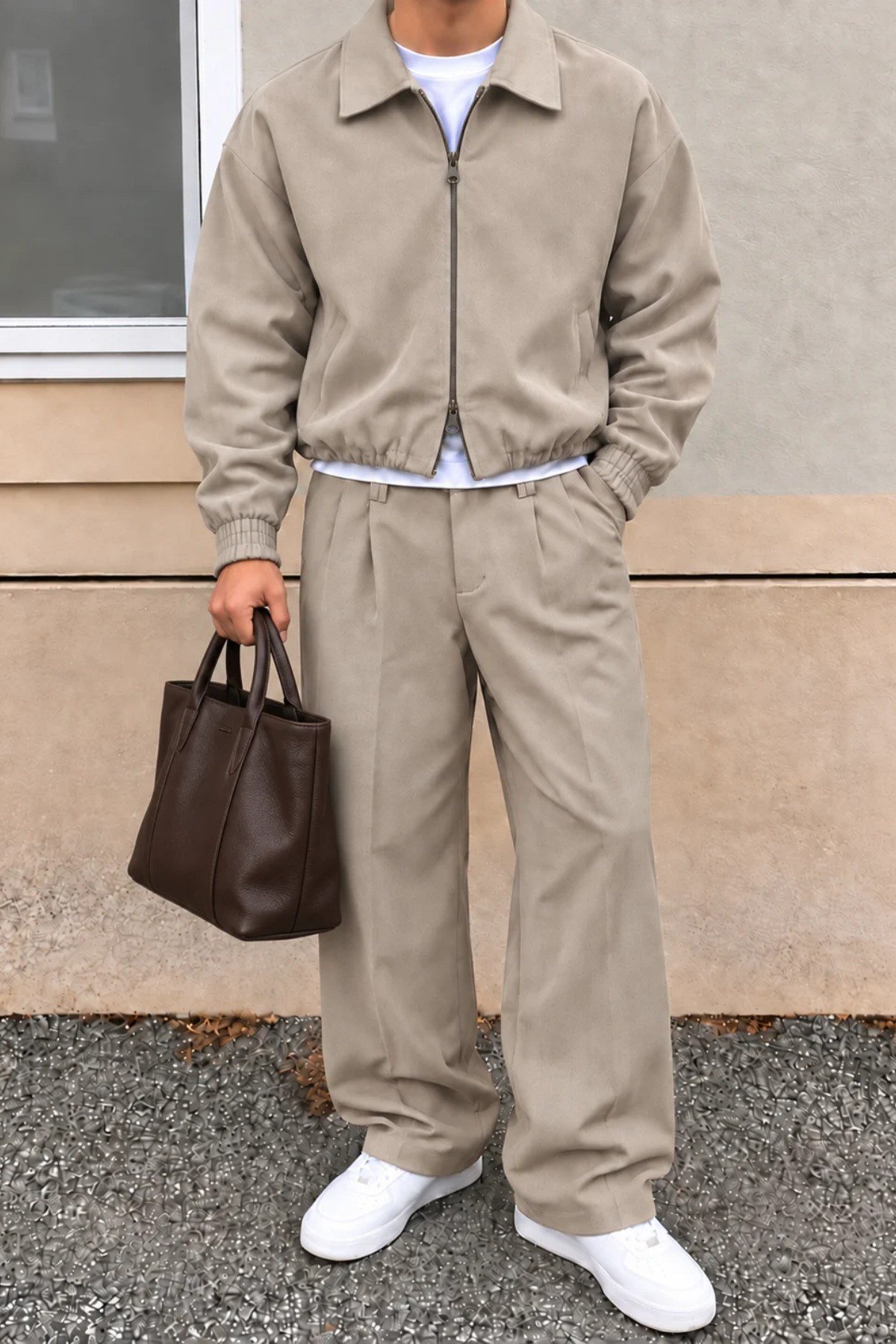 Tarz CoolAlt - Üst TakımTRZK2721-Kahverengi-LErkek Oversize Çift Fermuarlı Ceket ve Baggy Pantolon Alt Üst Takım