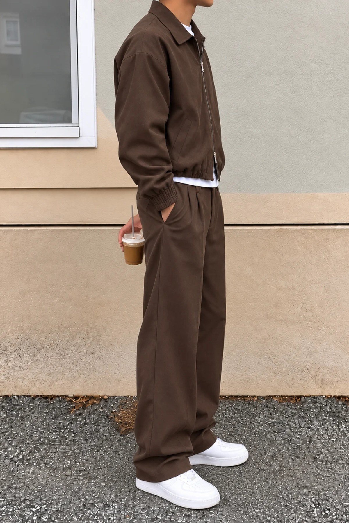 Tarz CoolAlt - Üst TakımTRZK2721-Kahverengi-LErkek Oversize Çift Fermuarlı Ceket ve Baggy Pantolon Alt Üst Takım