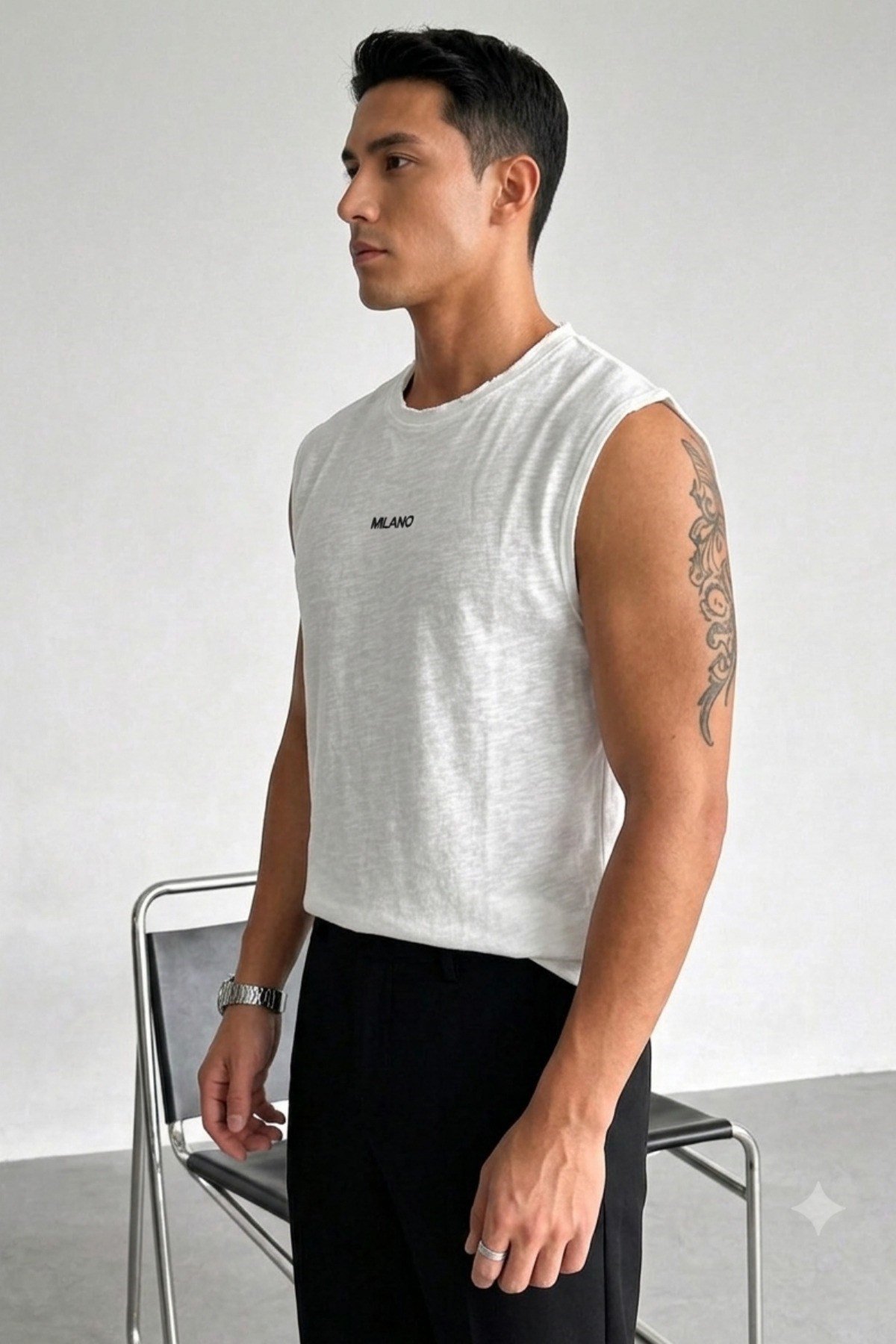 Tarz CoolAtletFLM-MLN-2026-Beyaz-MErkek Milano Nakışlı Flamlı Pamuklu Ham Yaka (Pis Yaka) Regular Fit Kolsuz T-Shirt / Atlet