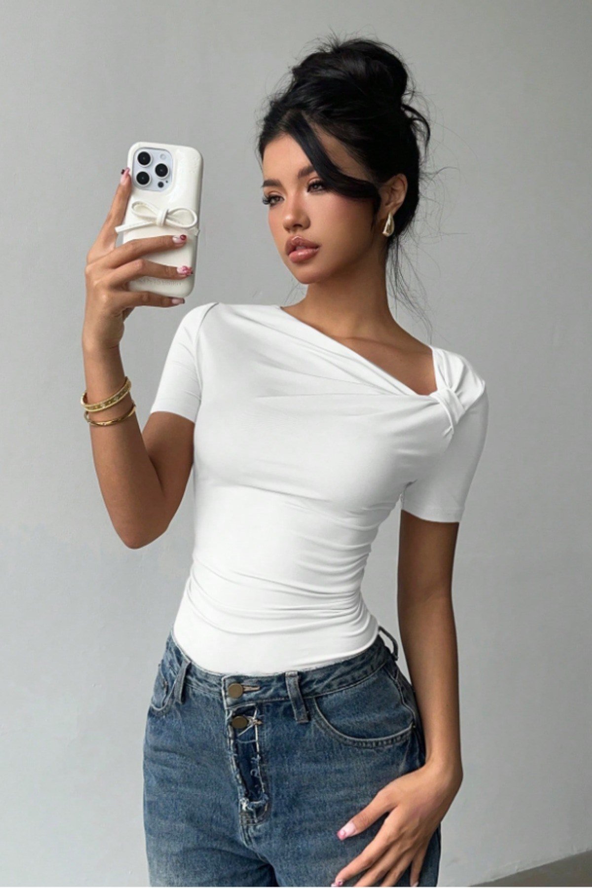 Tarz CoolBluzCPRZYK026BYZSKadın Çapraz Yaka Kısa Kollu Slim Fit Bluz