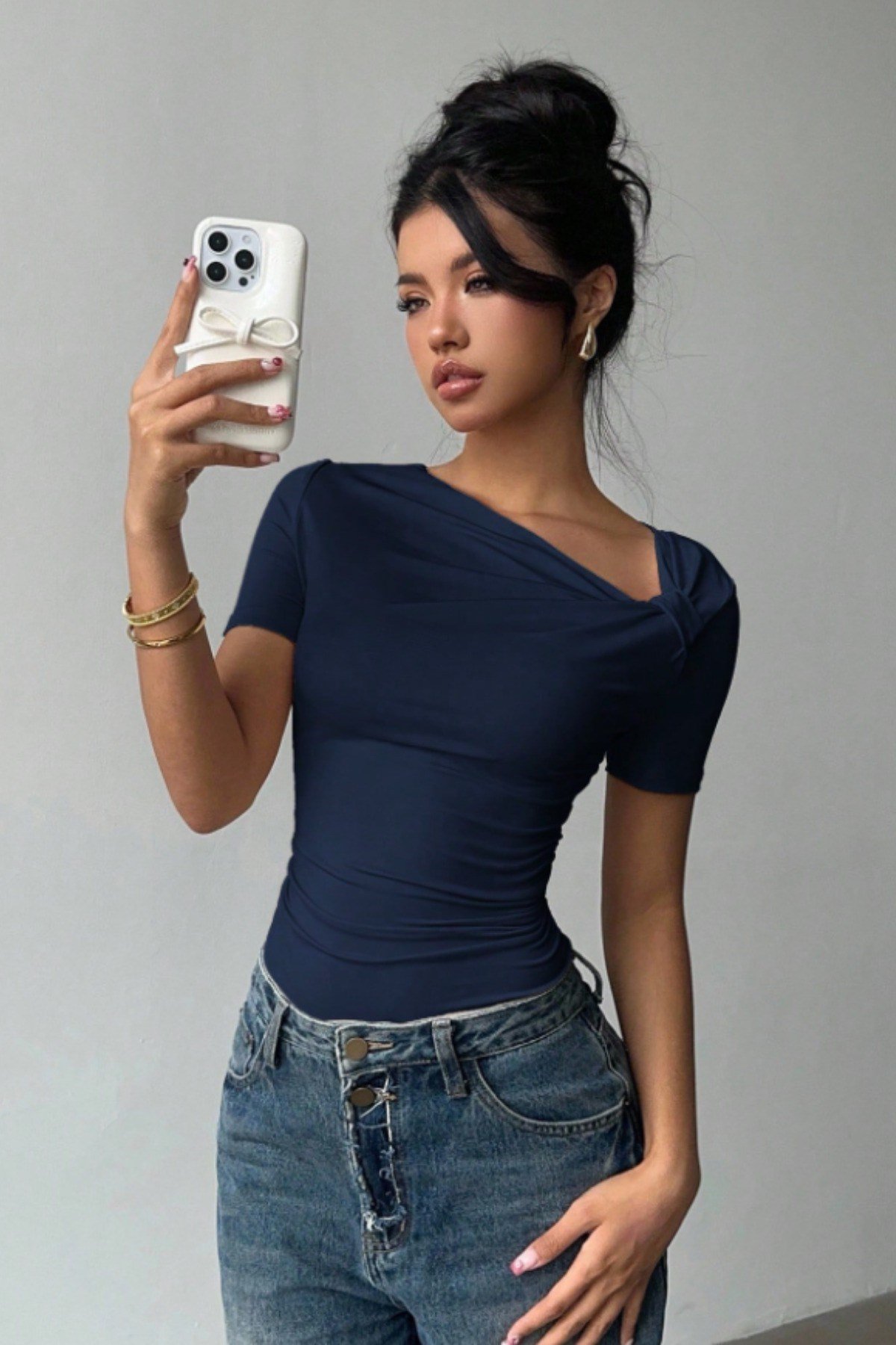 Tarz CoolBluzCPRZYK026BYZSKadın Çapraz Yaka Kısa Kollu Slim Fit Bluz