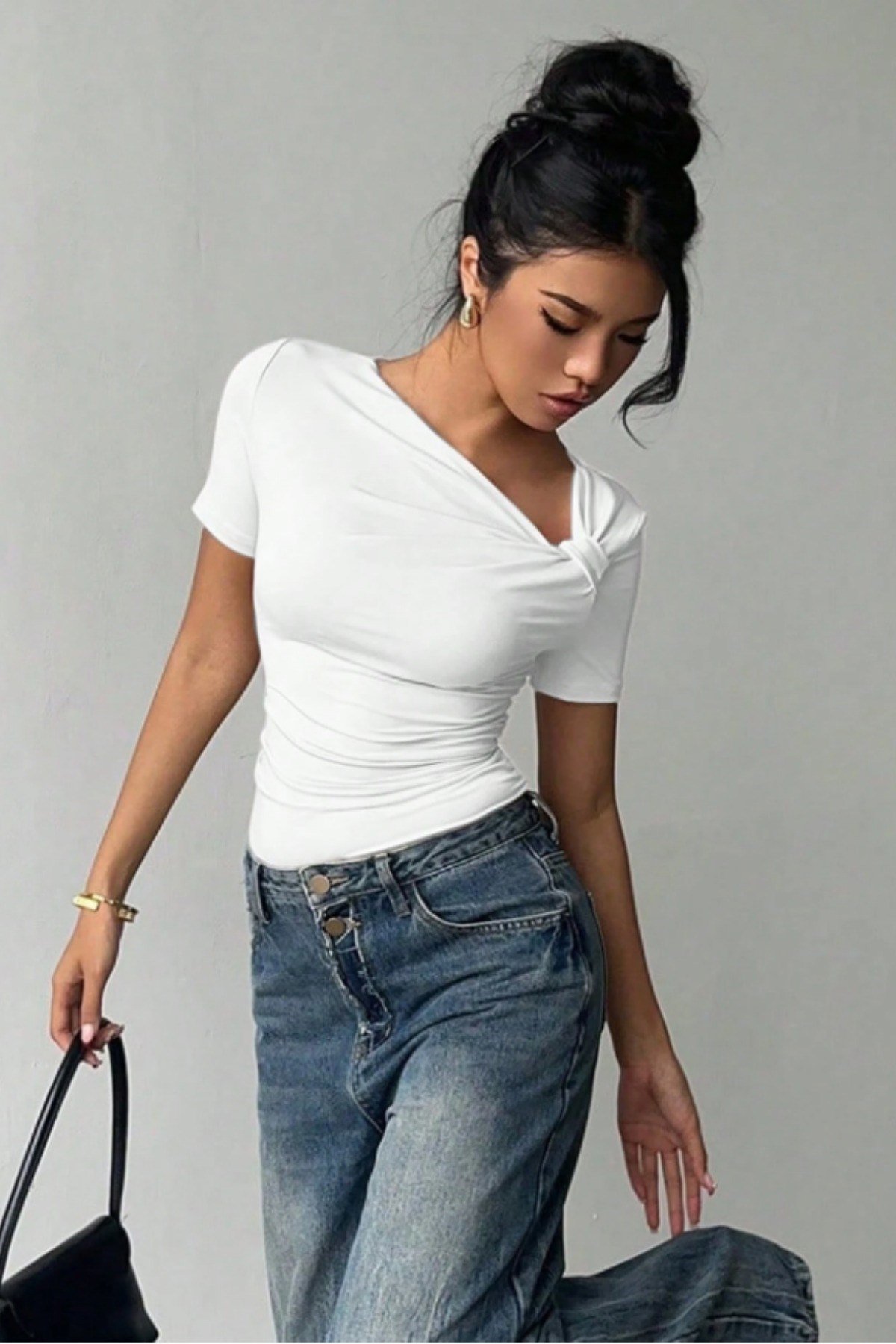 Tarz CoolBluzCPRZYK026BYZSKadın Çapraz Yaka Kısa Kollu Slim Fit Bluz