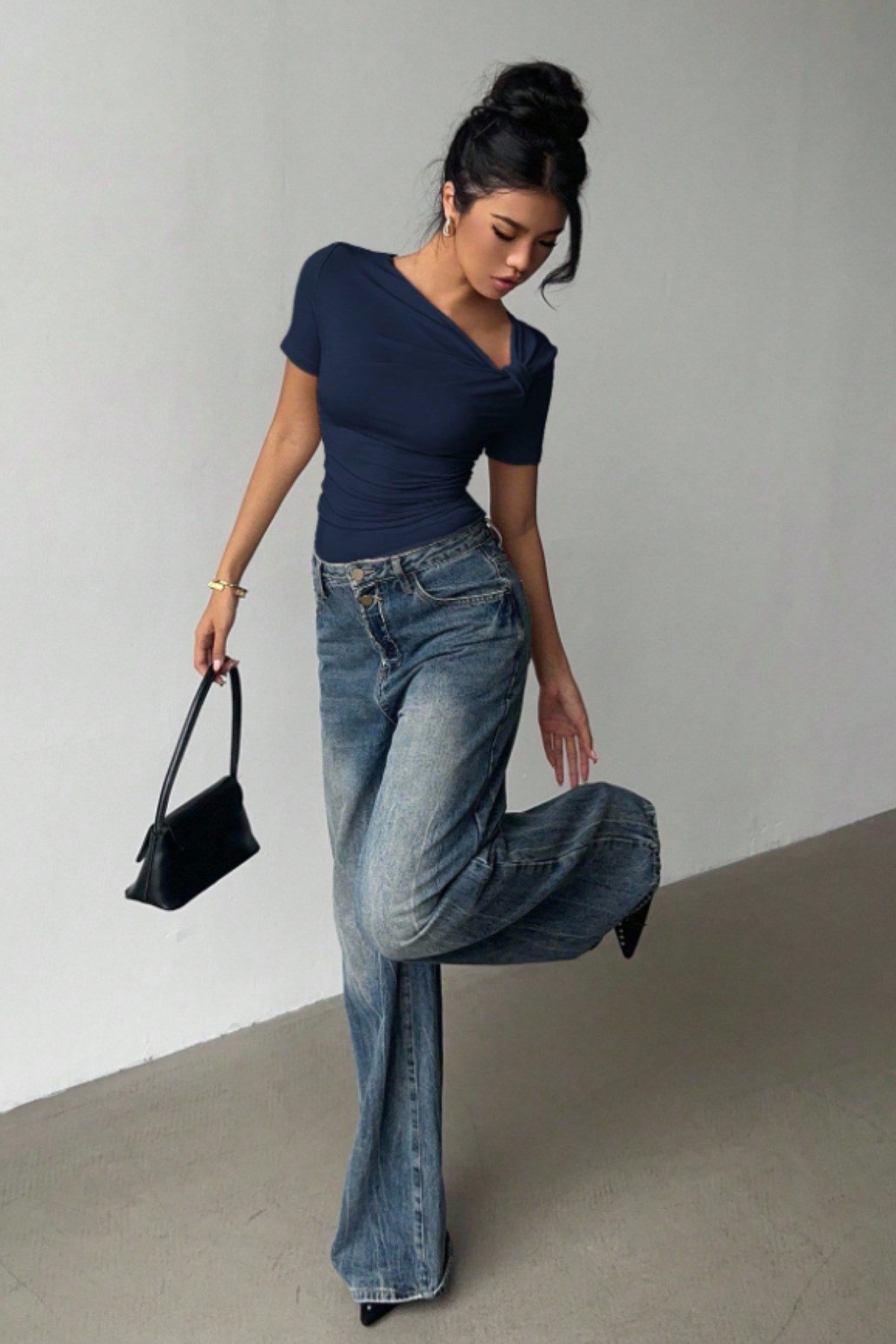 Tarz CoolBluzCPRZYK026BYZSKadın Çapraz Yaka Kısa Kollu Slim Fit Bluz