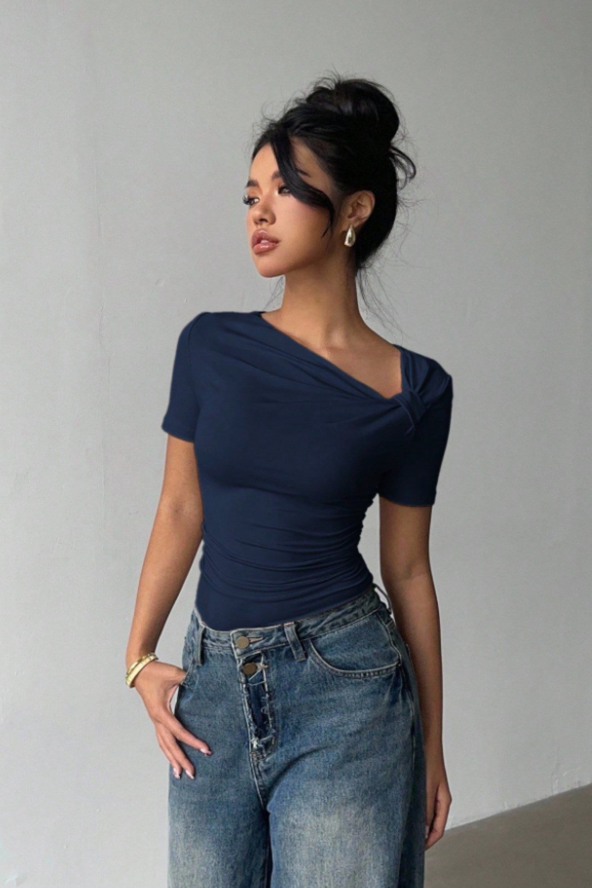Tarz CoolBluzCPRZYK026BYZSKadın Çapraz Yaka Kısa Kollu Slim Fit Bluz
