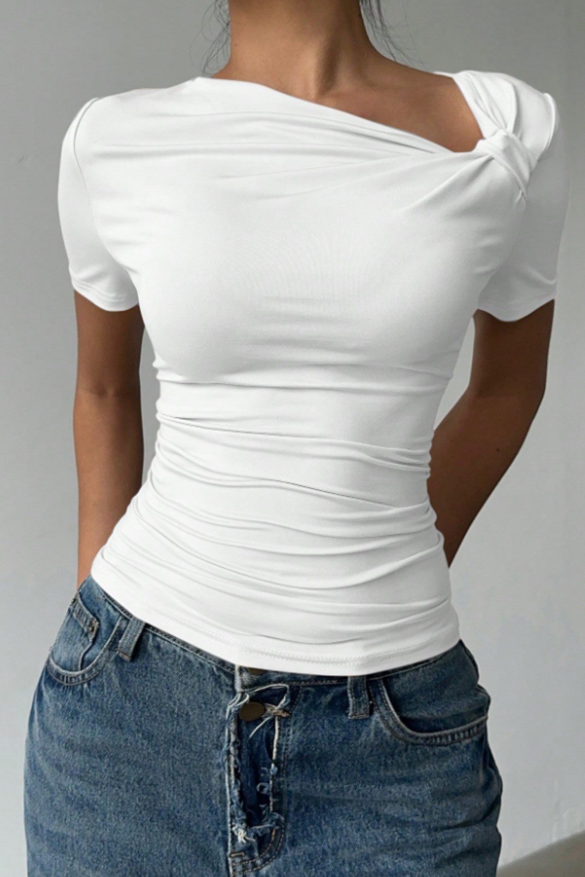 Tarz CoolBluzCPRZYK026BYZSKadın Çapraz Yaka Kısa Kollu Slim Fit Bluz