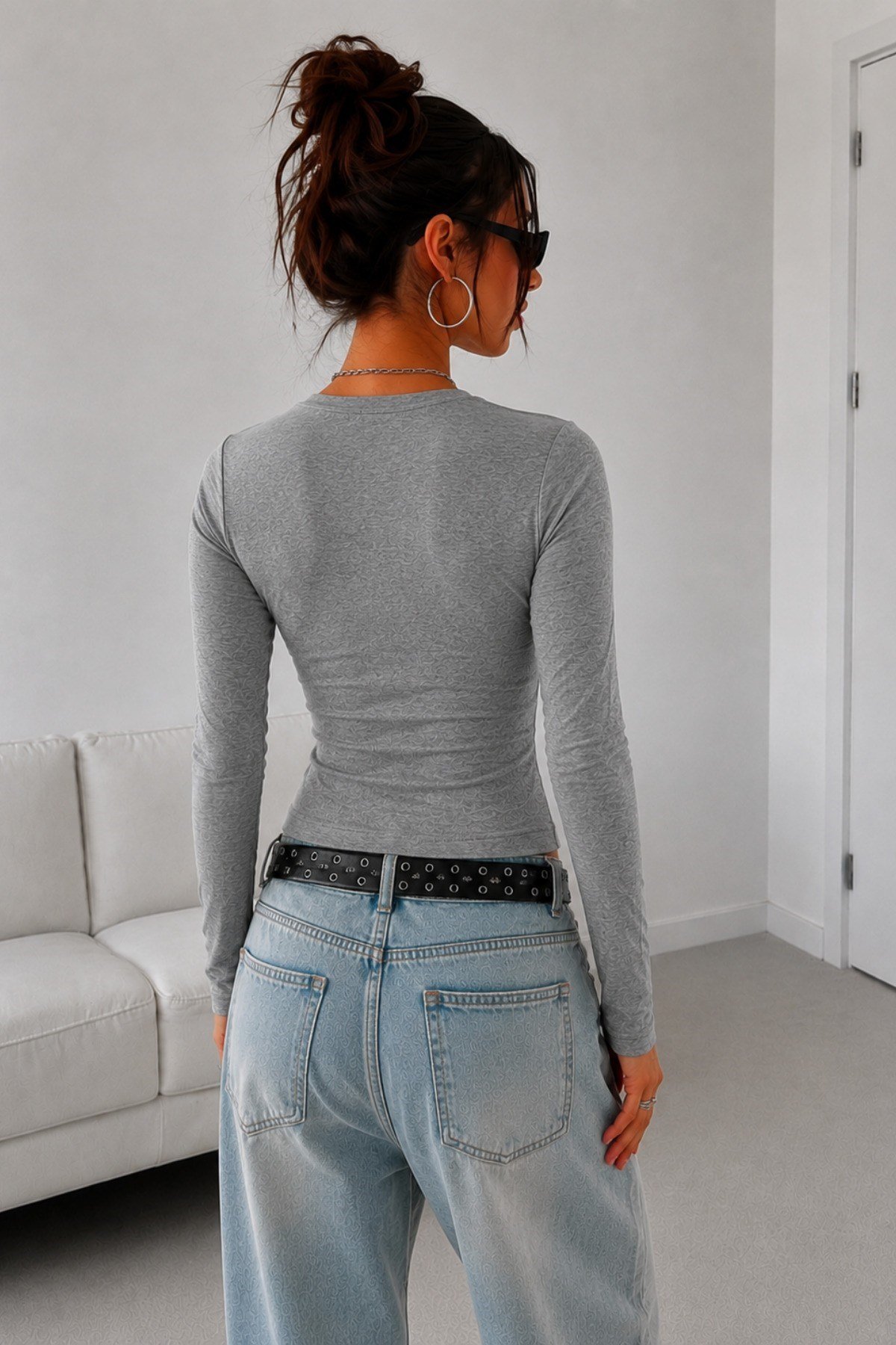 Tarz CoolBluzKBDY025-Gri-XLKadın Dar/Slim Uzun Kollu Basic Bisiklet Yaka Crop Bluz – Esnek Pamuklu Süprem Kumaş