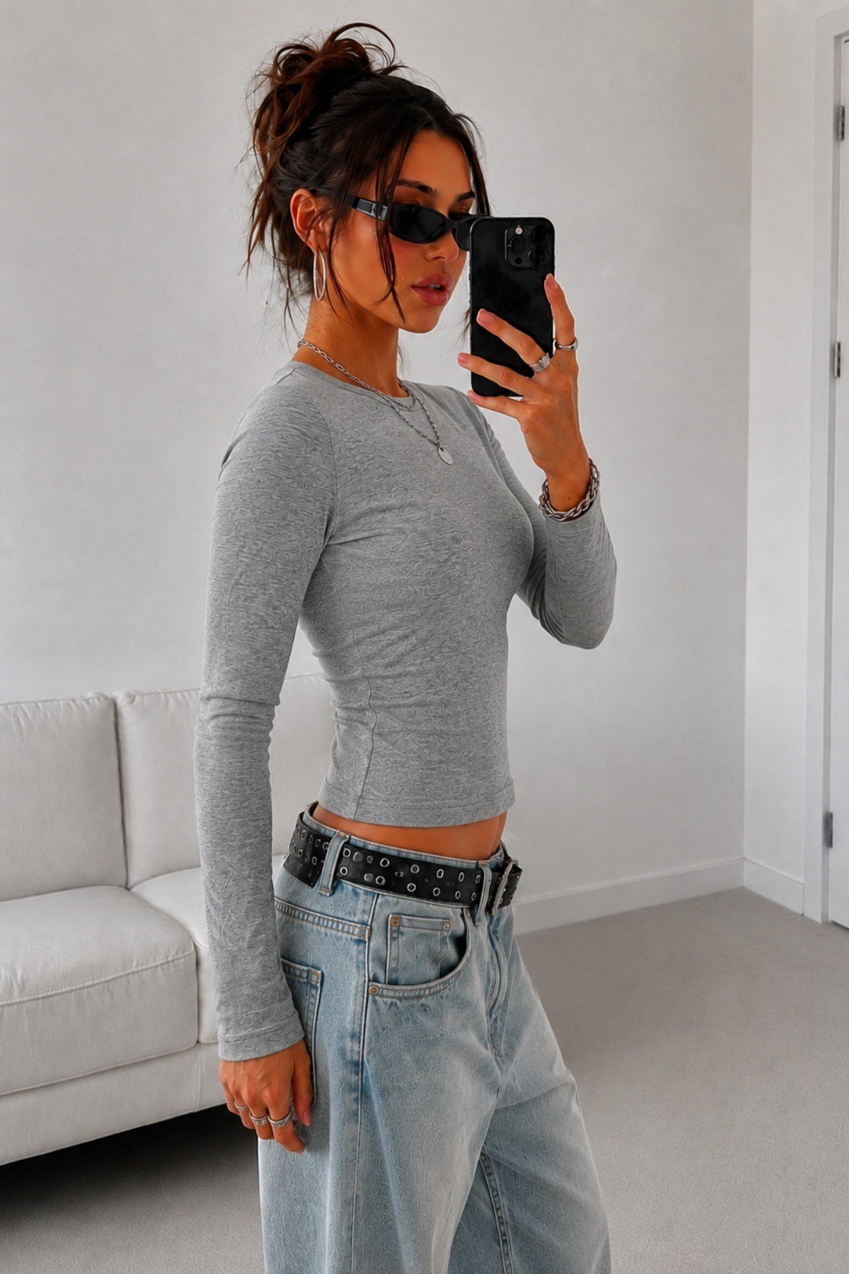 Tarz CoolBluzKBDY025-Gri-XLKadın Dar/Slim Uzun Kollu Basic Bisiklet Yaka Crop Bluz – Esnek Pamuklu Süprem Kumaş