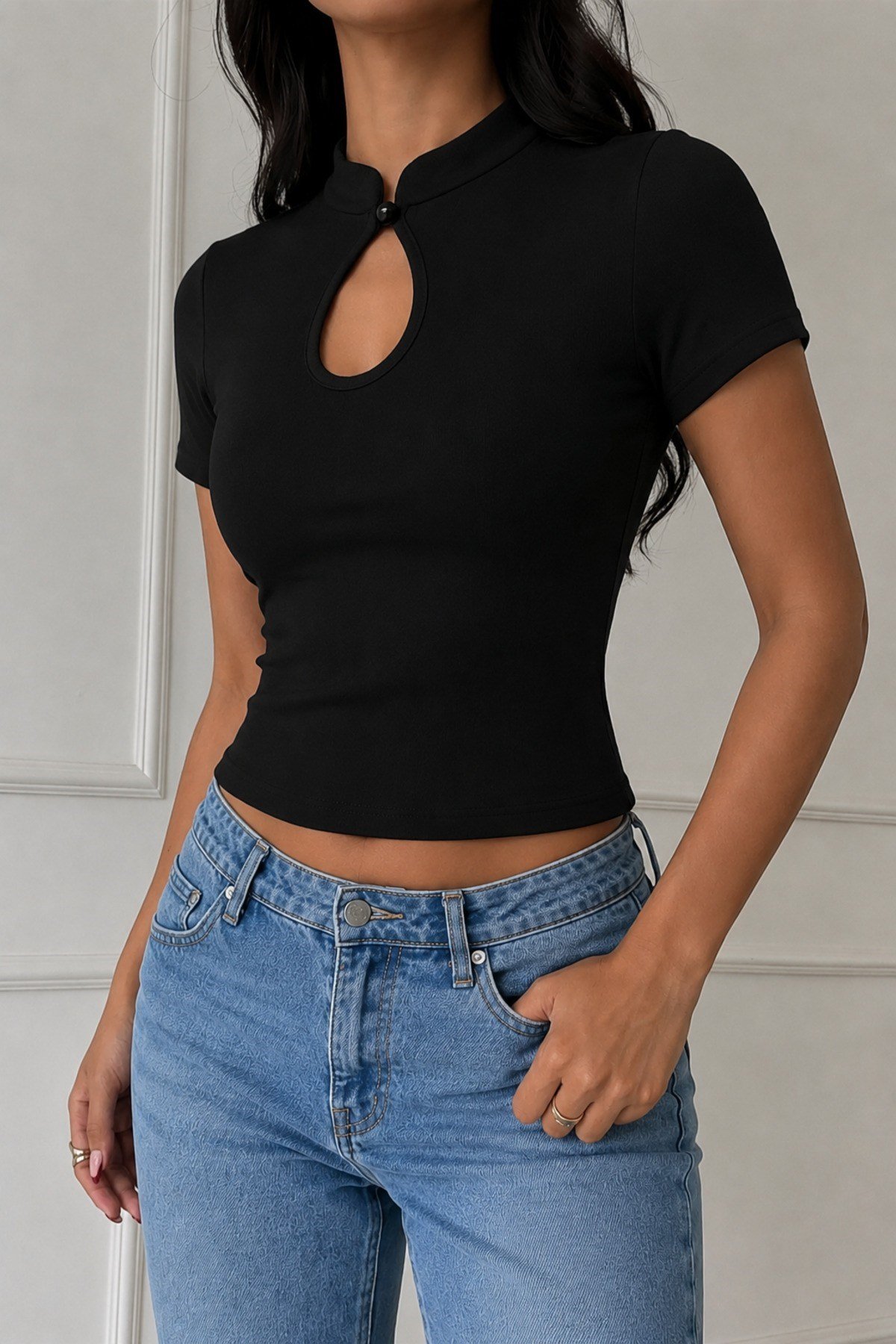 Tarz CoolBluzKDN-DGMON-01-SYH-XLKadın Damla Yaka Düğme Detaylı Kısa Kollu Fit Bluz