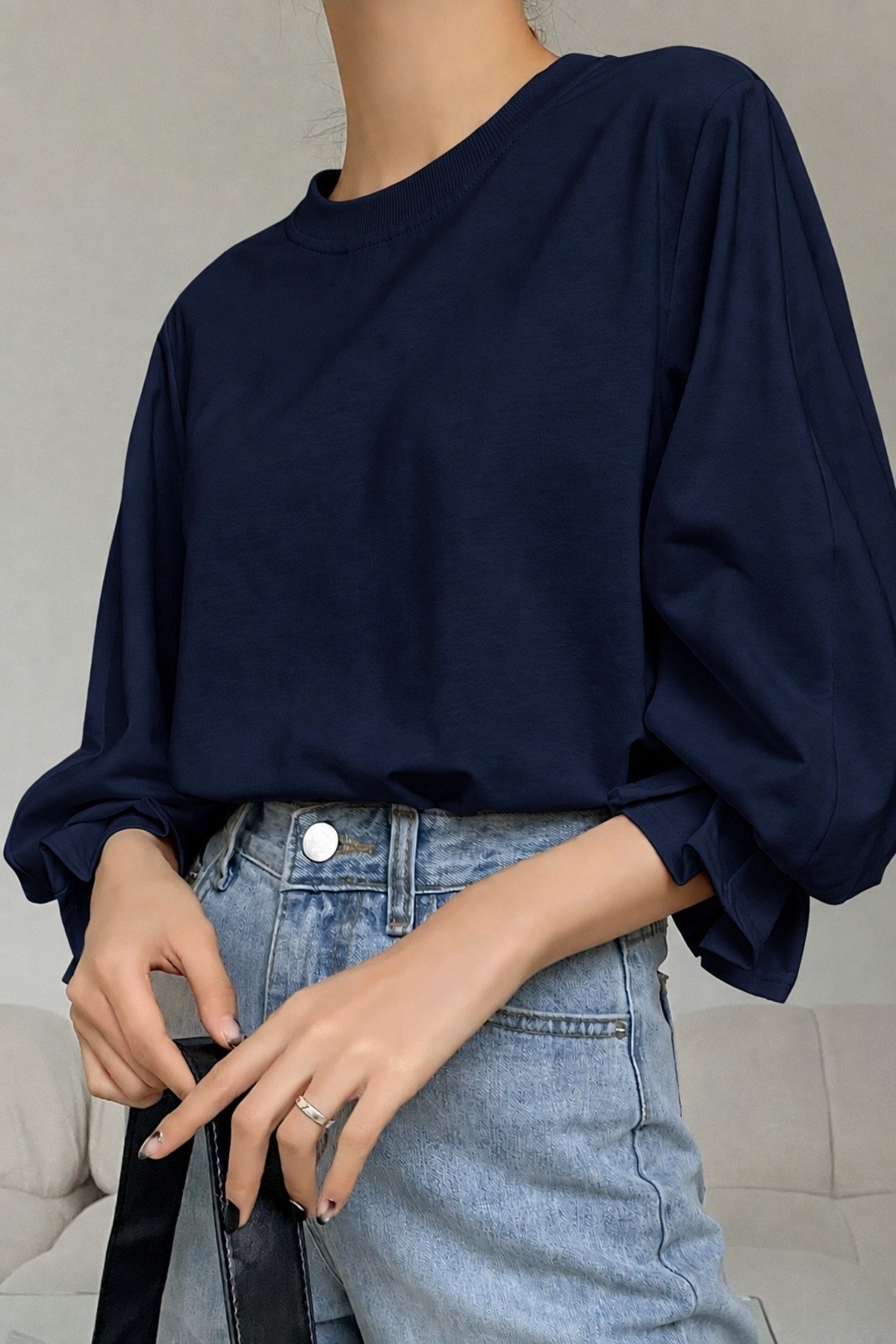 Tarz CoolBluzKDN-FKR-001-SYH-L/XLKadın Modern Kesim Fakir Kol Detaylı Oversize Basic Bluz
