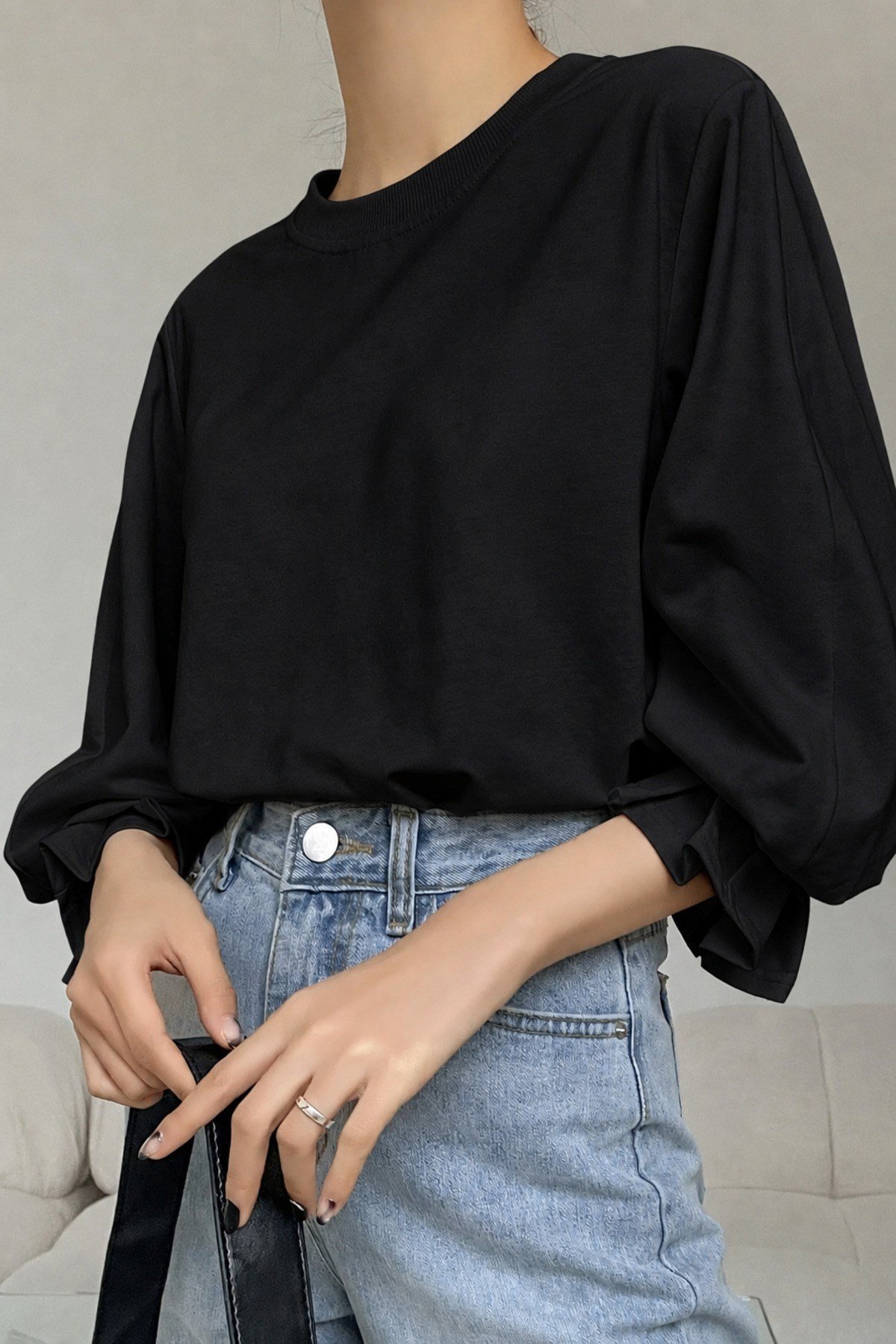 Tarz CoolBluzKDN-FKR-001-SYH-L/XLKadın Modern Kesim Fakir Kol Detaylı Oversize Basic Bluz