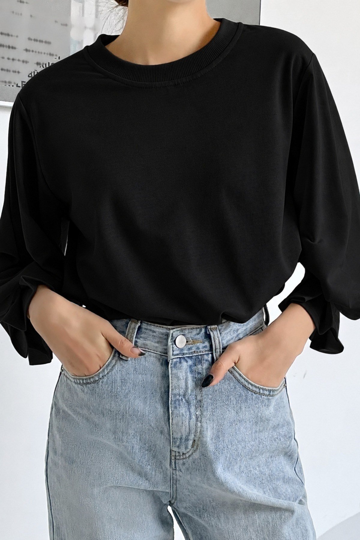 Tarz CoolBluzKDN-FKR-001-SYH-L/XLKadın Modern Kesim Fakir Kol Detaylı Oversize Basic Bluz