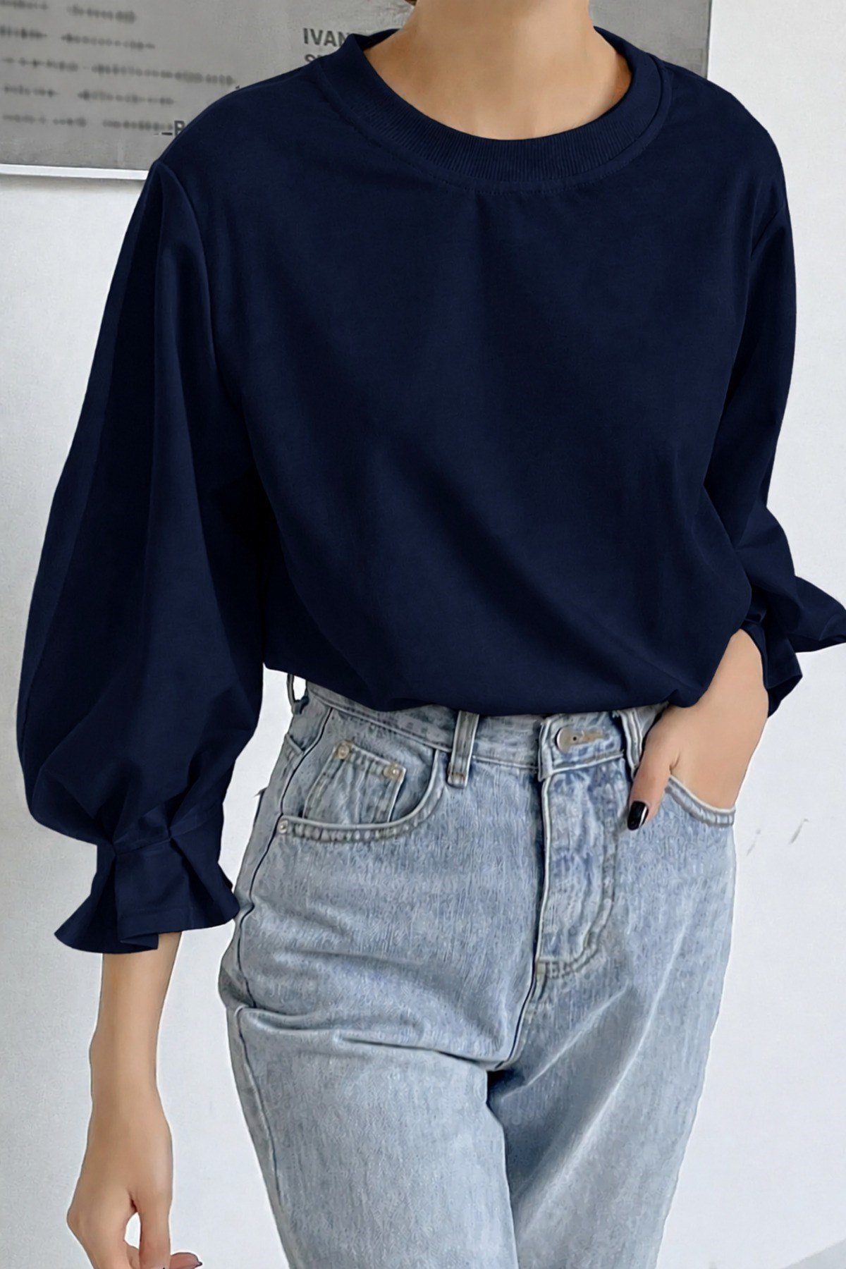 Tarz CoolBluzKDN-FKR-001-SYH-L/XLKadın Modern Kesim Fakir Kol Detaylı Oversize Basic Bluz