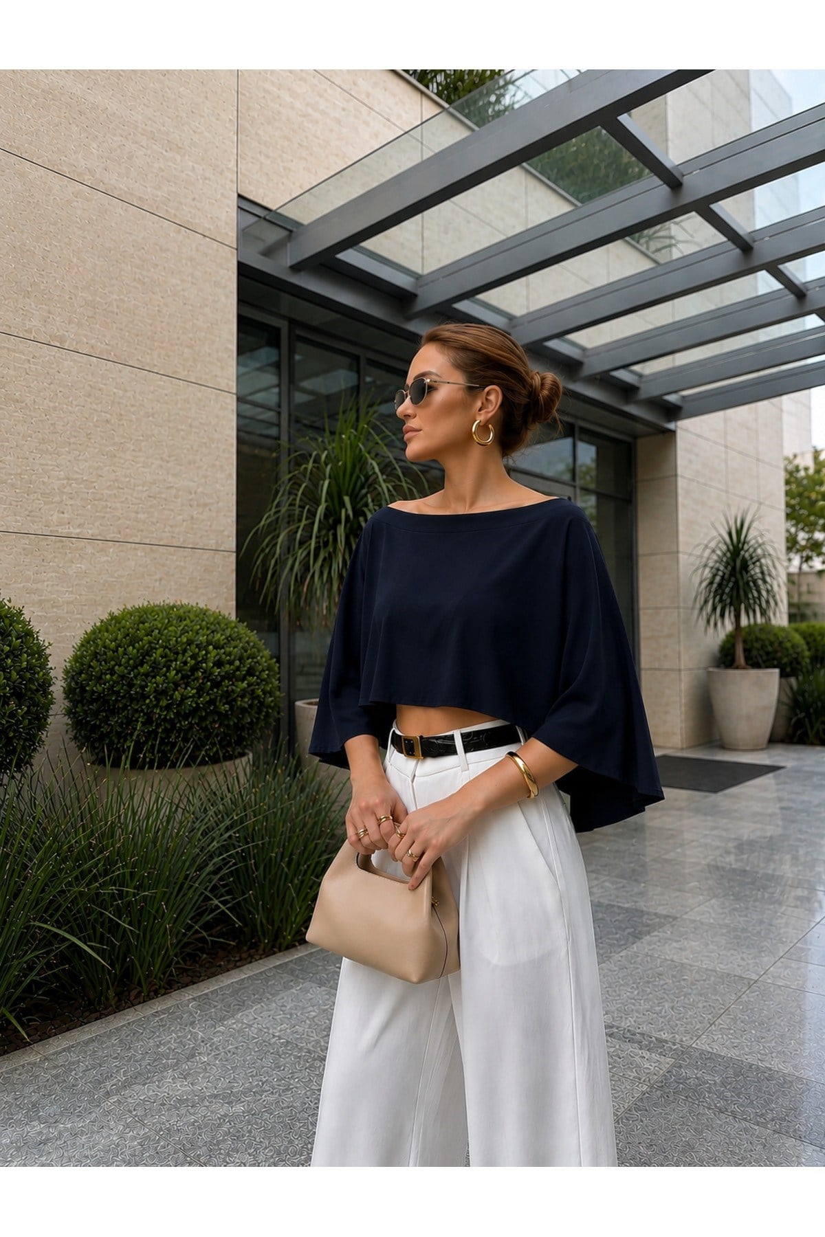 Tarz CoolBluzKDN-PLR-002-LCV-LXLKadın Kayık Yaka Pelerin Bluz Salaş Şık Crop Bluz