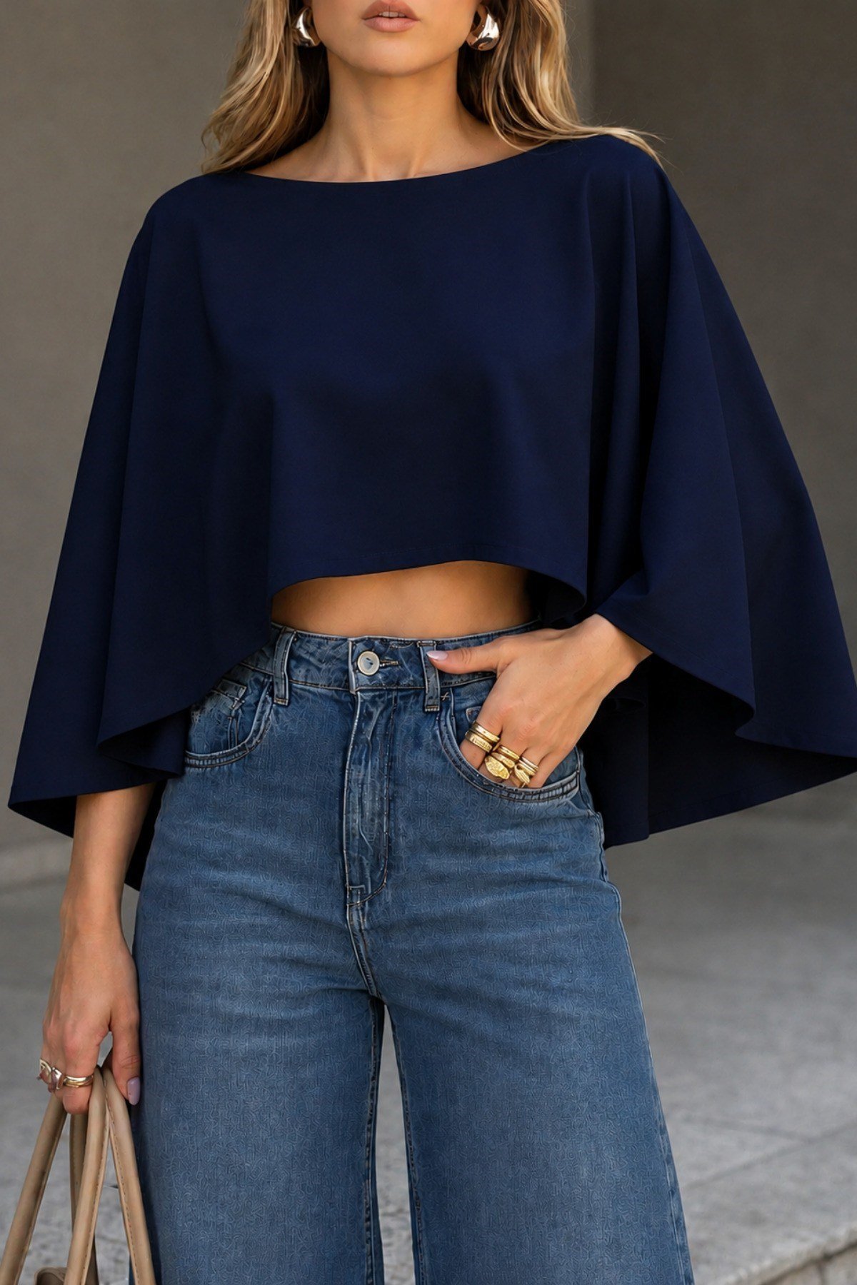 Tarz CoolBluzKDN-PLR-002-LCV-LXLKadın Kayık Yaka Pelerin Bluz Salaş Şık Crop Bluz