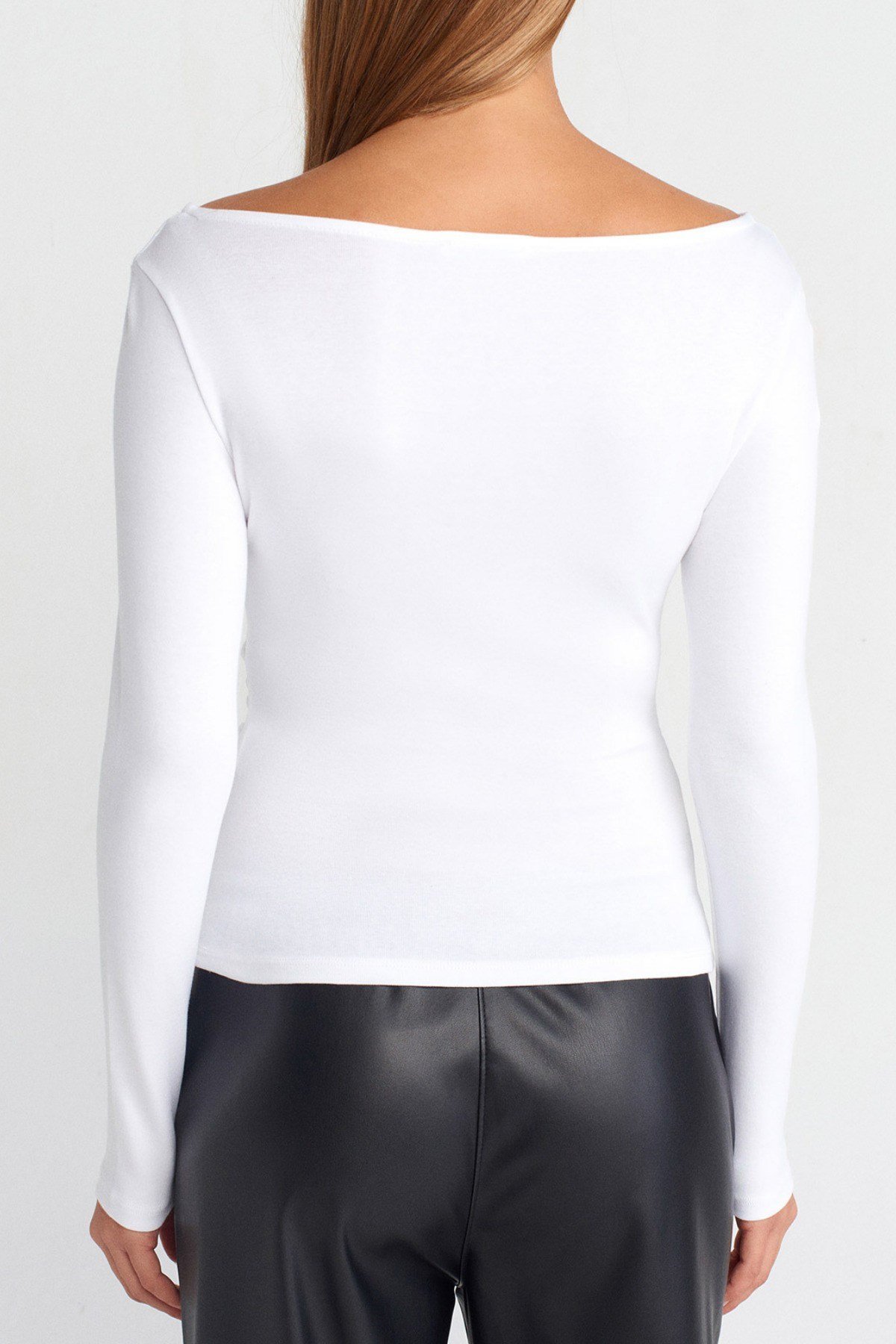 Tarz CoolBluzTCKDNBDY002-BRD-MKadın Geniş Yaka Uzun Kollu Esnek Pamuk Dokulu Fit Basic Bluz