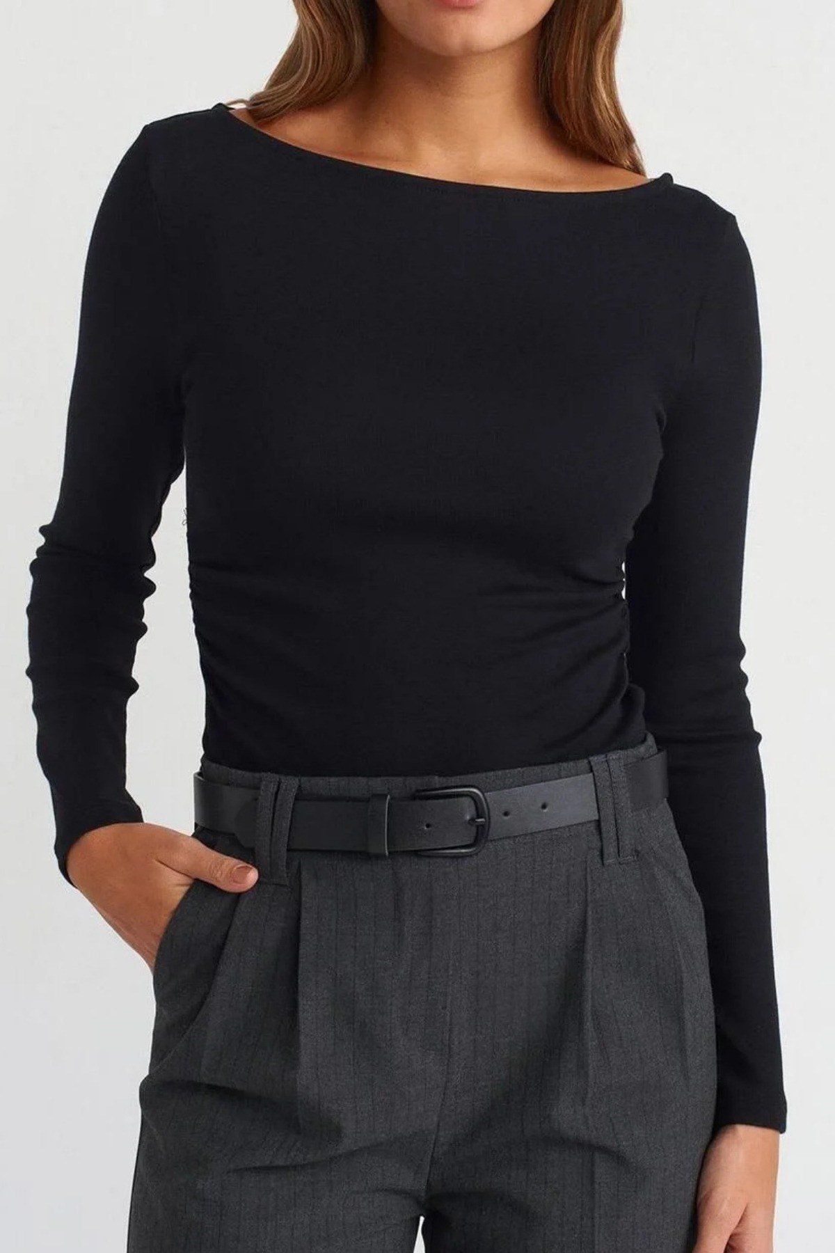 Tarz CoolBluzTCKDNBDY002-BRD-MKadın Geniş Yaka Uzun Kollu Esnek Pamuk Dokulu Fit Basic Bluz