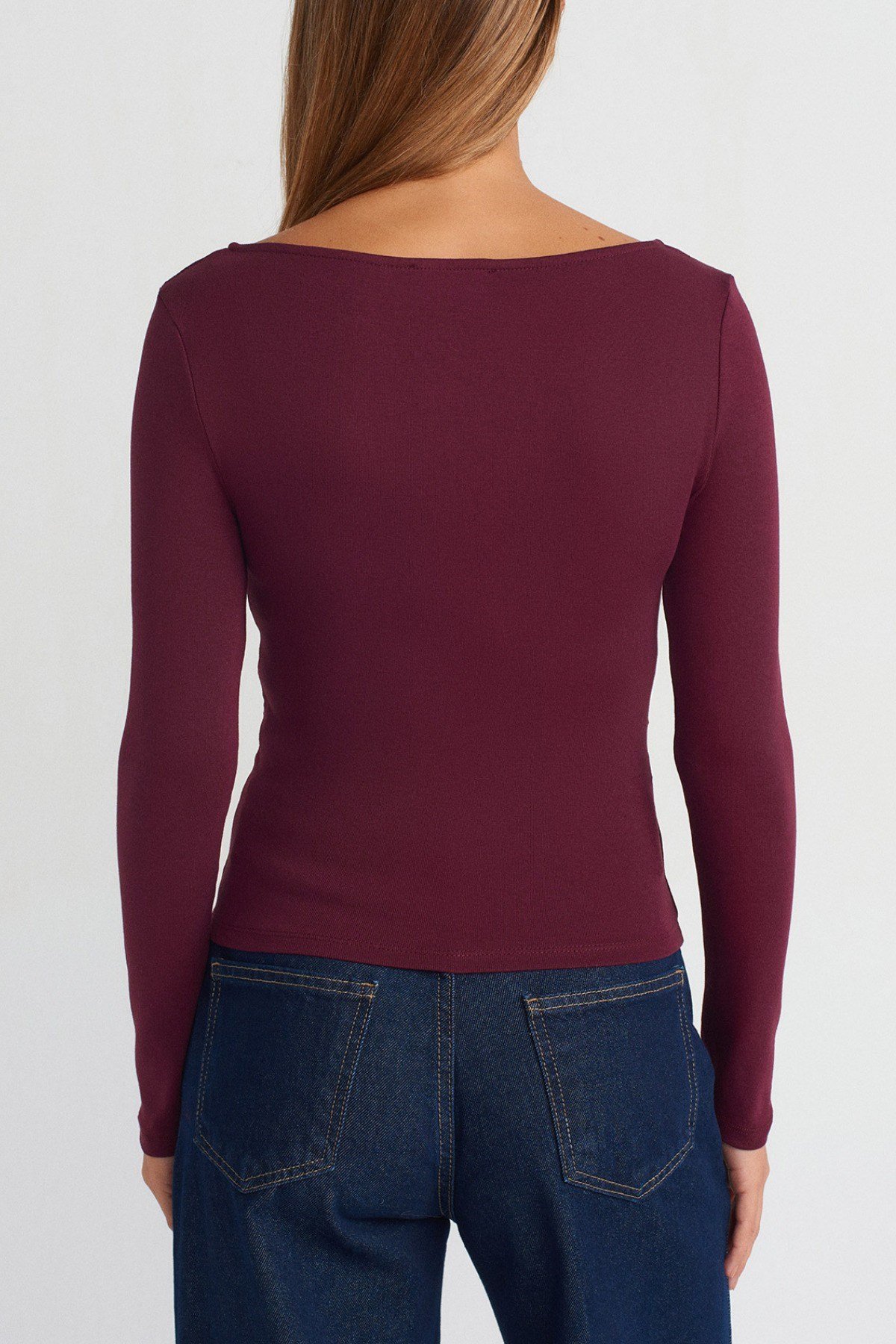 Tarz CoolBluzTCKDNBDY002-BRD-MKadın Geniş Yaka Uzun Kollu Esnek Pamuk Dokulu Fit Basic Bluz