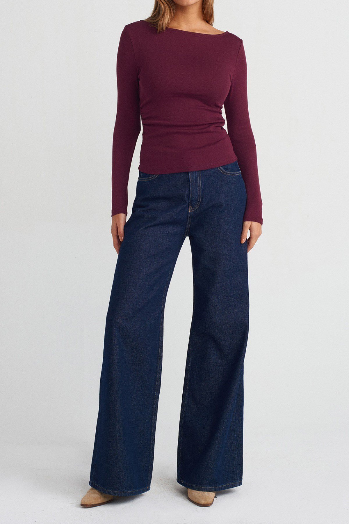 Tarz CoolBluzTCKDNBDY002-BRD-MKadın Geniş Yaka Uzun Kollu Esnek Pamuk Dokulu Fit Basic Bluz
