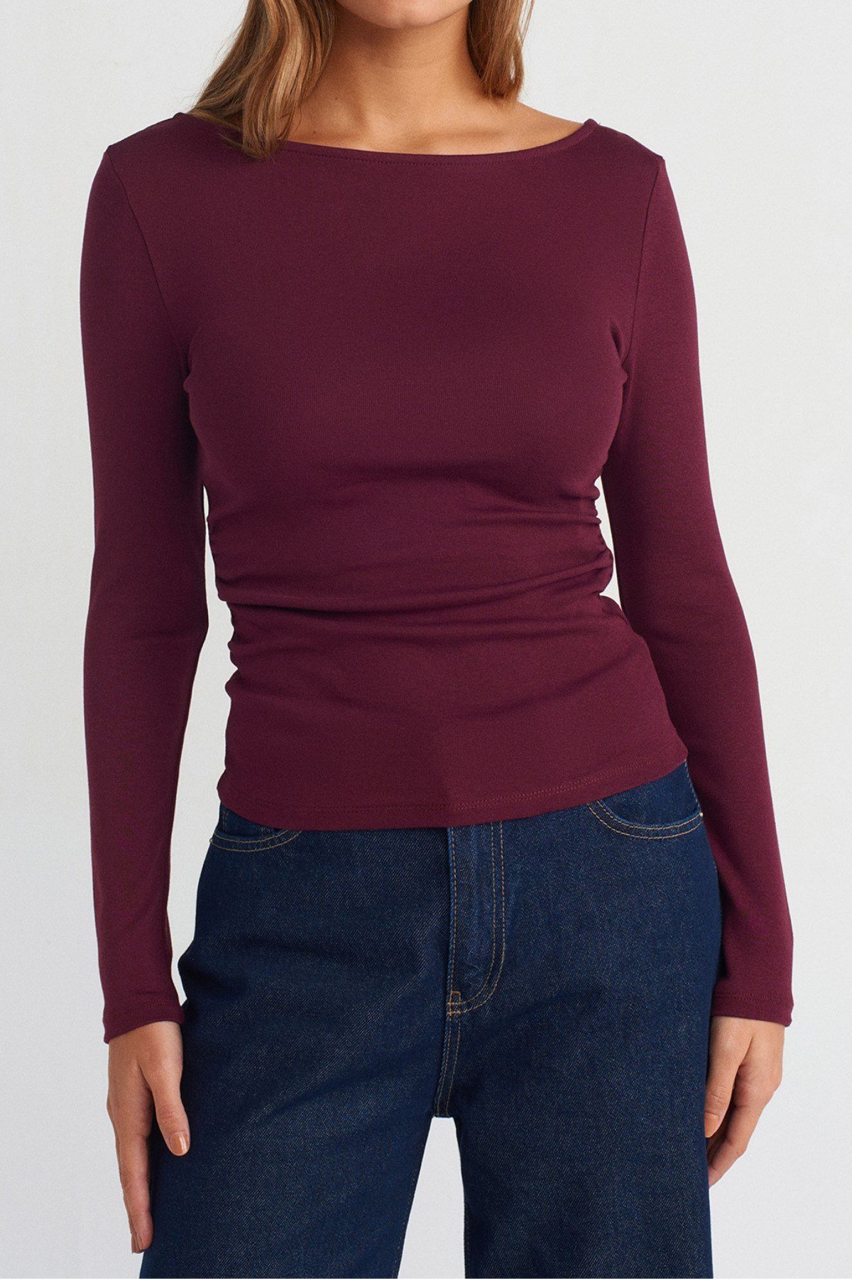 Tarz CoolBluzTCKDNBDY002-BRD-MKadın Geniş Yaka Uzun Kollu Esnek Pamuk Dokulu Fit Basic Bluz