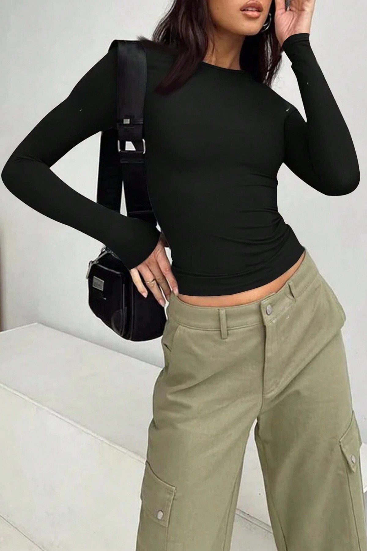 Tarz CoolBodyBSKBODY0030-LCVMKadın Bisiklet Yaka Basic Uzun Kollu Likralı Body