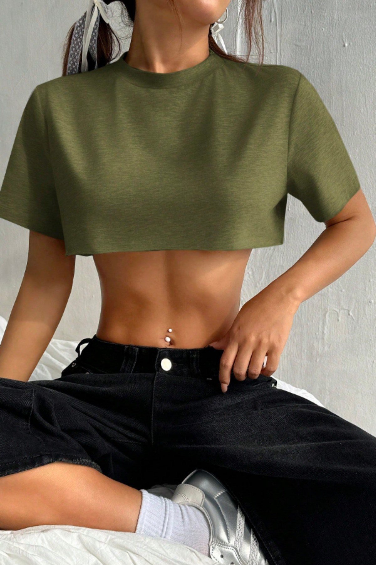 Tarz CoolCropBSCRPY025R02Kadın Bisiklet Yaka Oversize Crop T-Shirt