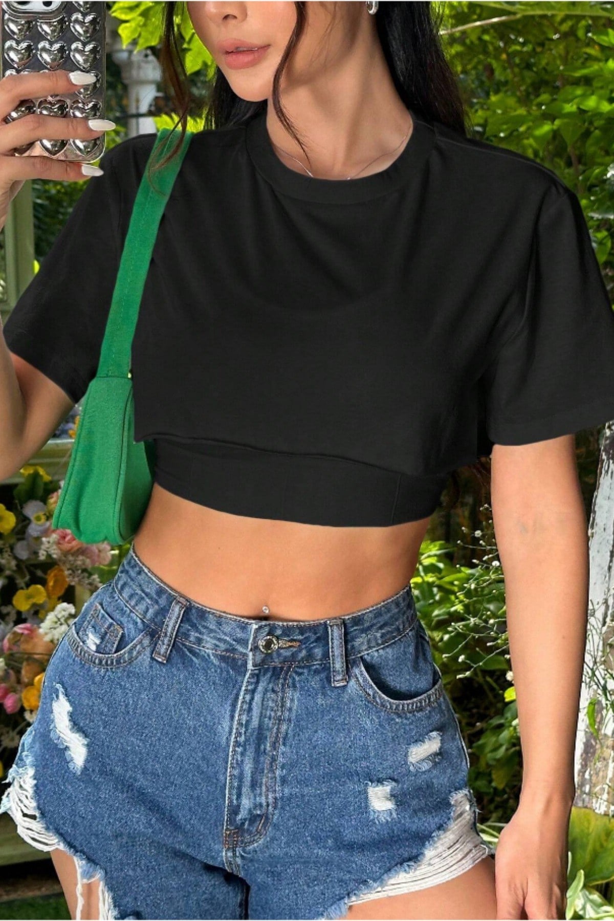 Tarz CoolCropBSCRPY025R02Kadın Bisiklet Yaka Oversize Crop T-Shirt