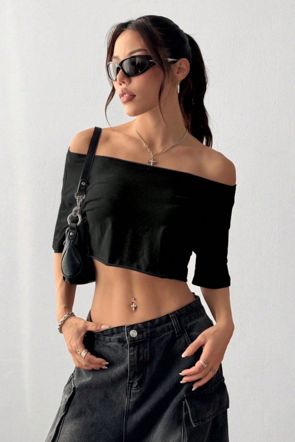 Tarz CoolCropCCRPKDKY025-ANTR-L/XLKadın Kayık Yaka Oversize Crop T-Shirt