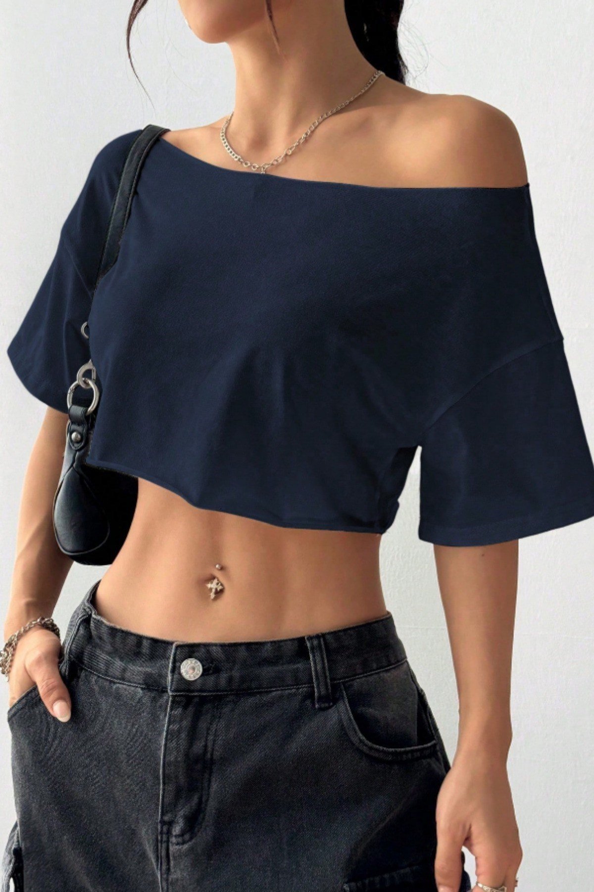 Tarz CoolCropCCRPKDKY025-ANTR-L/XLKadın Kayık Yaka Oversize Crop T-Shirt