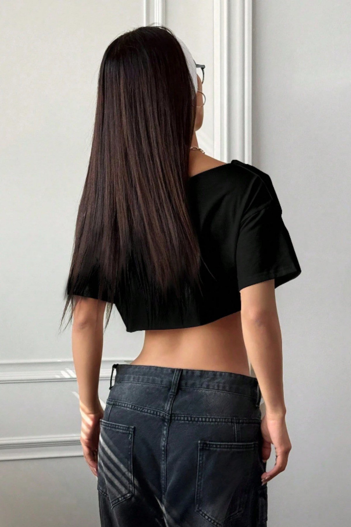 Tarz CoolCropCCRPKDKY025-ANTR-L/XLKadın Kayık Yaka Oversize Crop T-Shirt