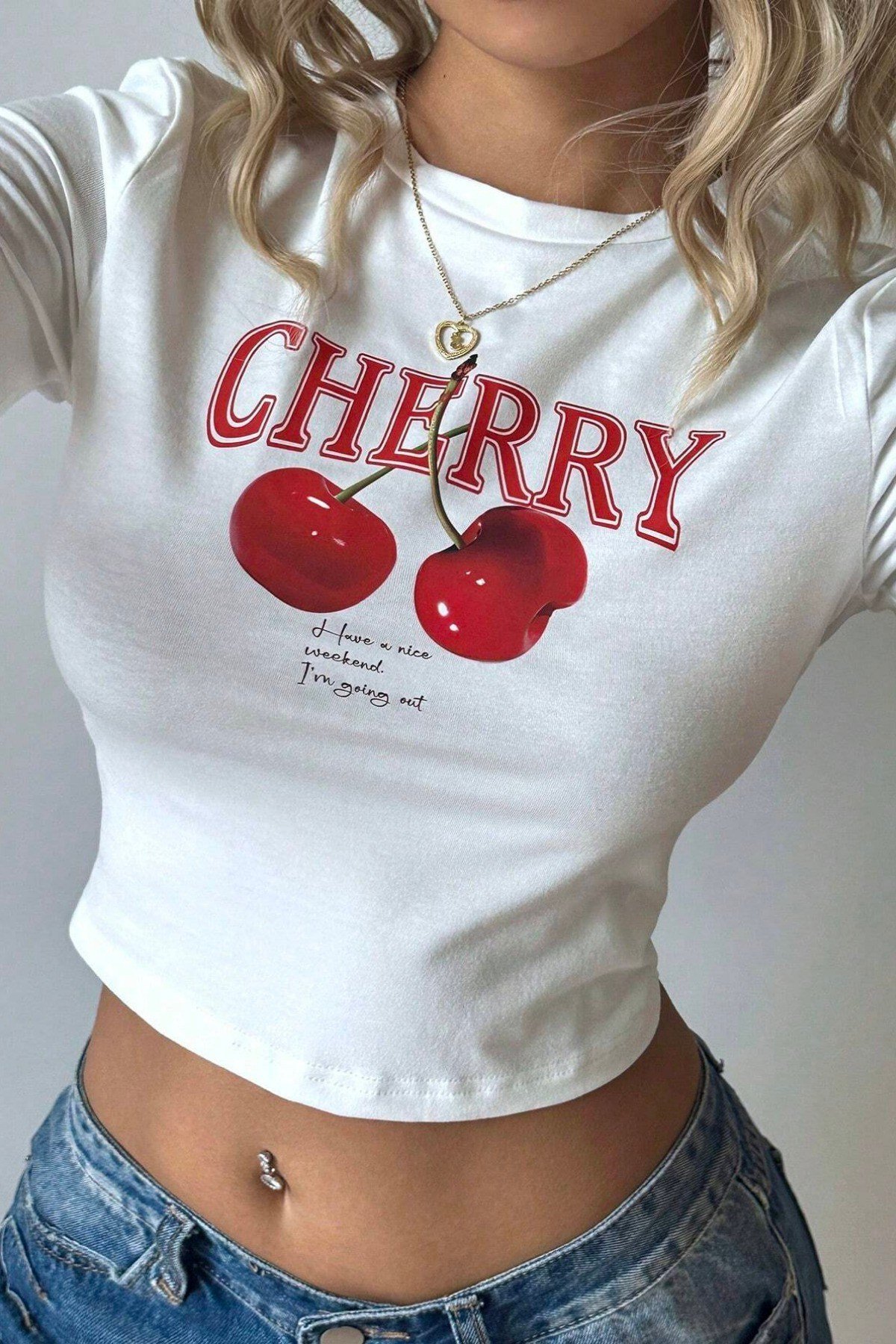 Tarz CoolCropCHRYCRP01-B-LKadın Baskılı Crop Tişört - Cherry Desenli, Yazlık Kısa Kollu Bluz