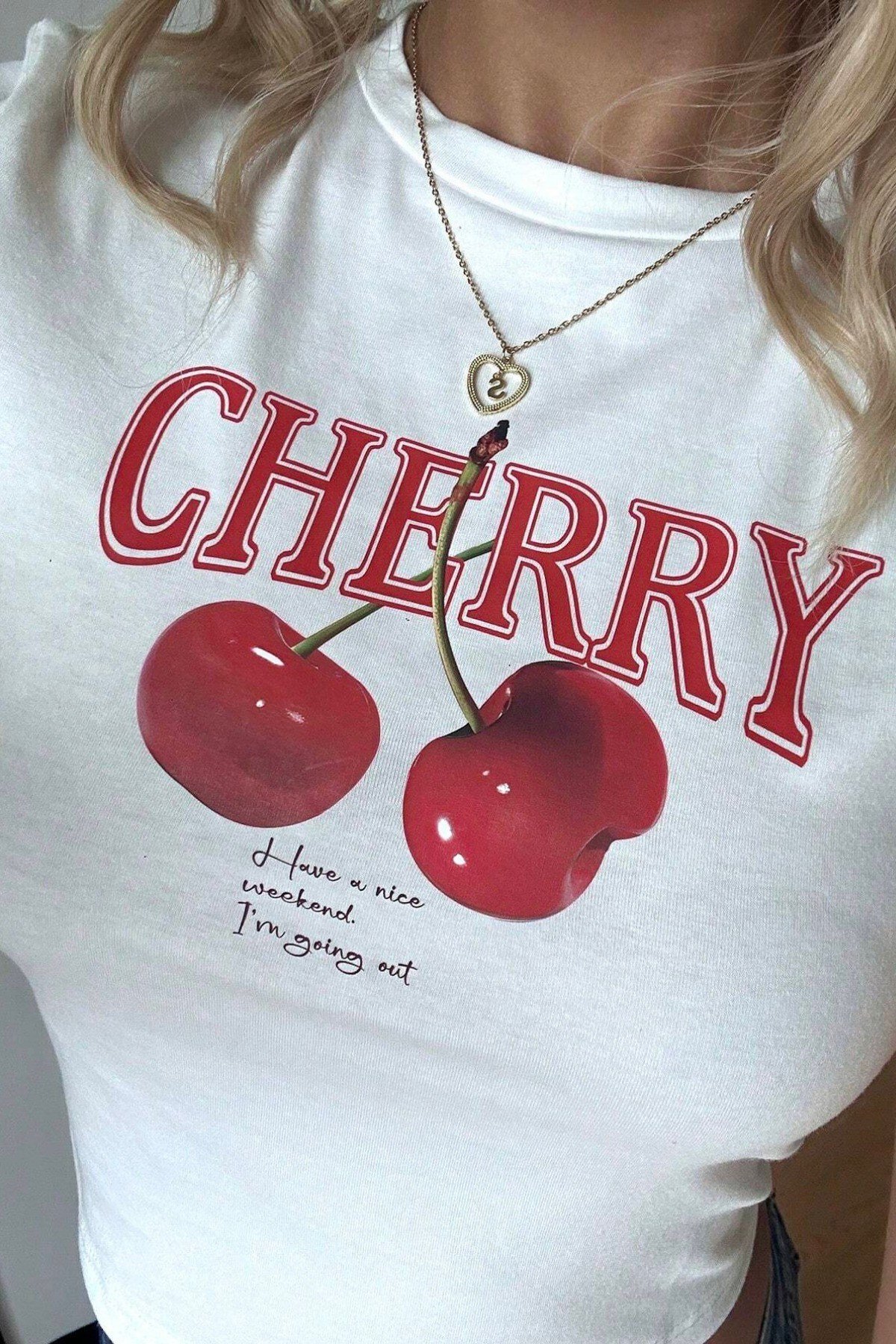 Tarz CoolCropCHRYCRP01-B-LKadın Baskılı Crop Tişört - Cherry Desenli, Yazlık Kısa Kollu Bluz