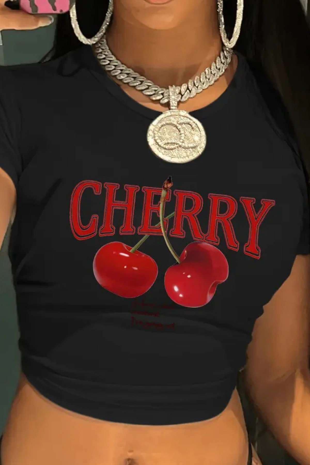 Tarz CoolCropCHRYCRP01-B-LKadın Baskılı Crop Tişört - Cherry Desenli, Yazlık Kısa Kollu Bluz