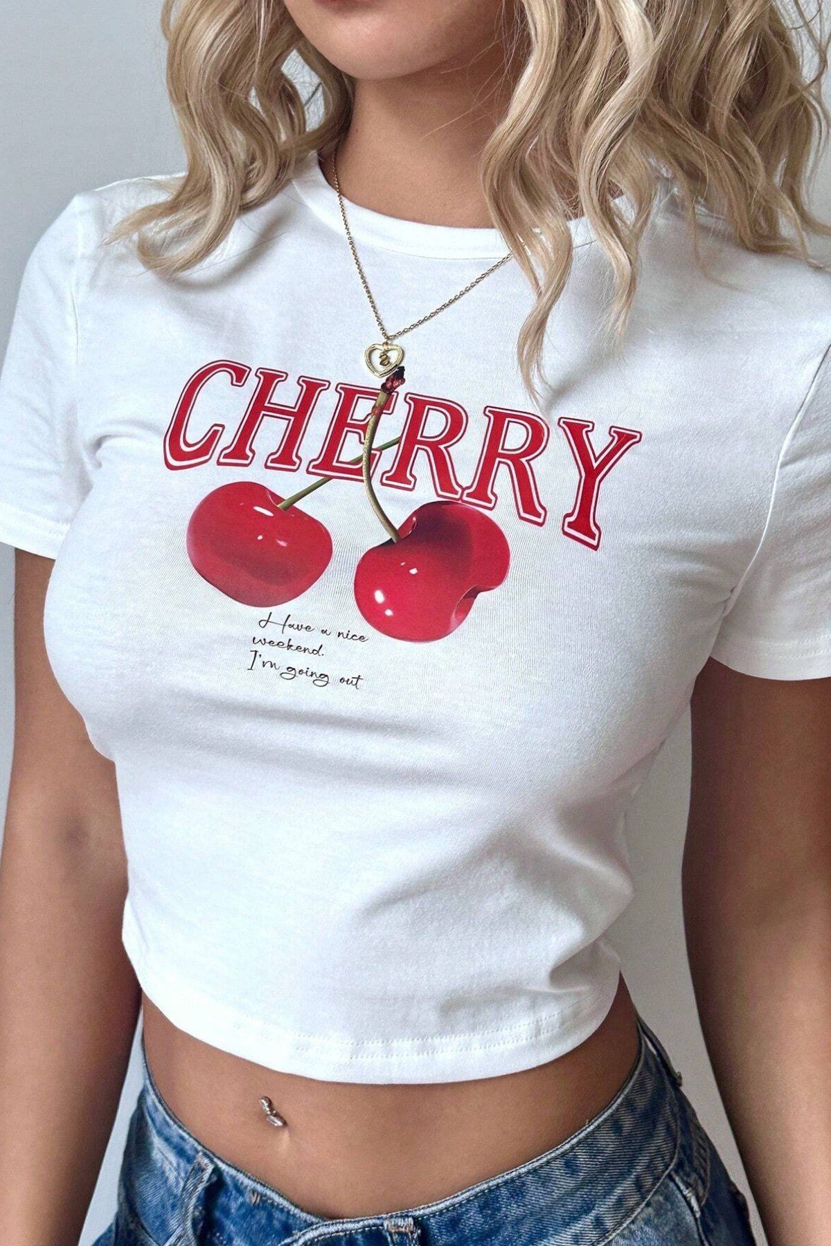 Tarz CoolCropCHRYCRP01-B-LKadın Baskılı Crop Tişört - Cherry Desenli, Yazlık Kısa Kollu Bluz