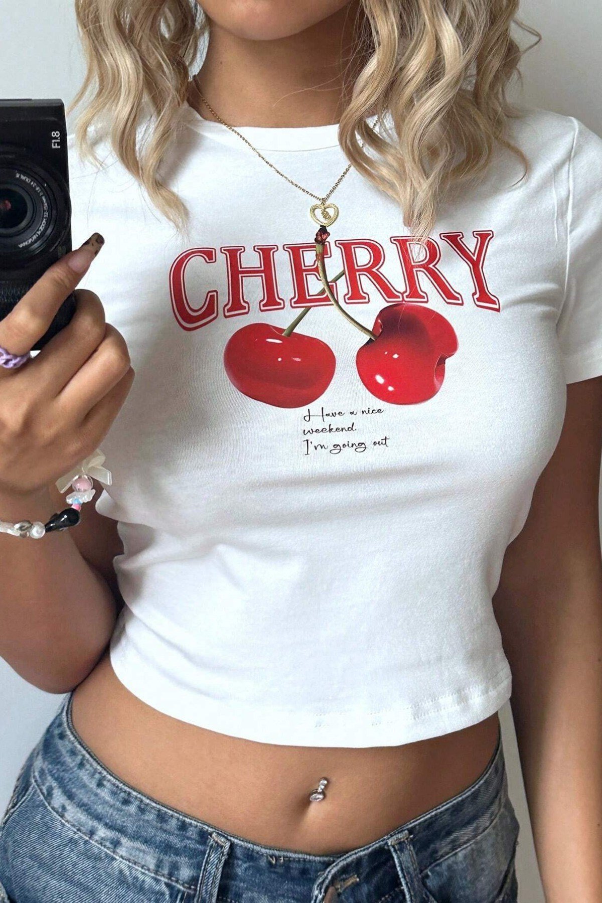 Tarz CoolCropCHRYCRP01-B-LKadın Baskılı Crop Tişört - Cherry Desenli, Yazlık Kısa Kollu Bluz
