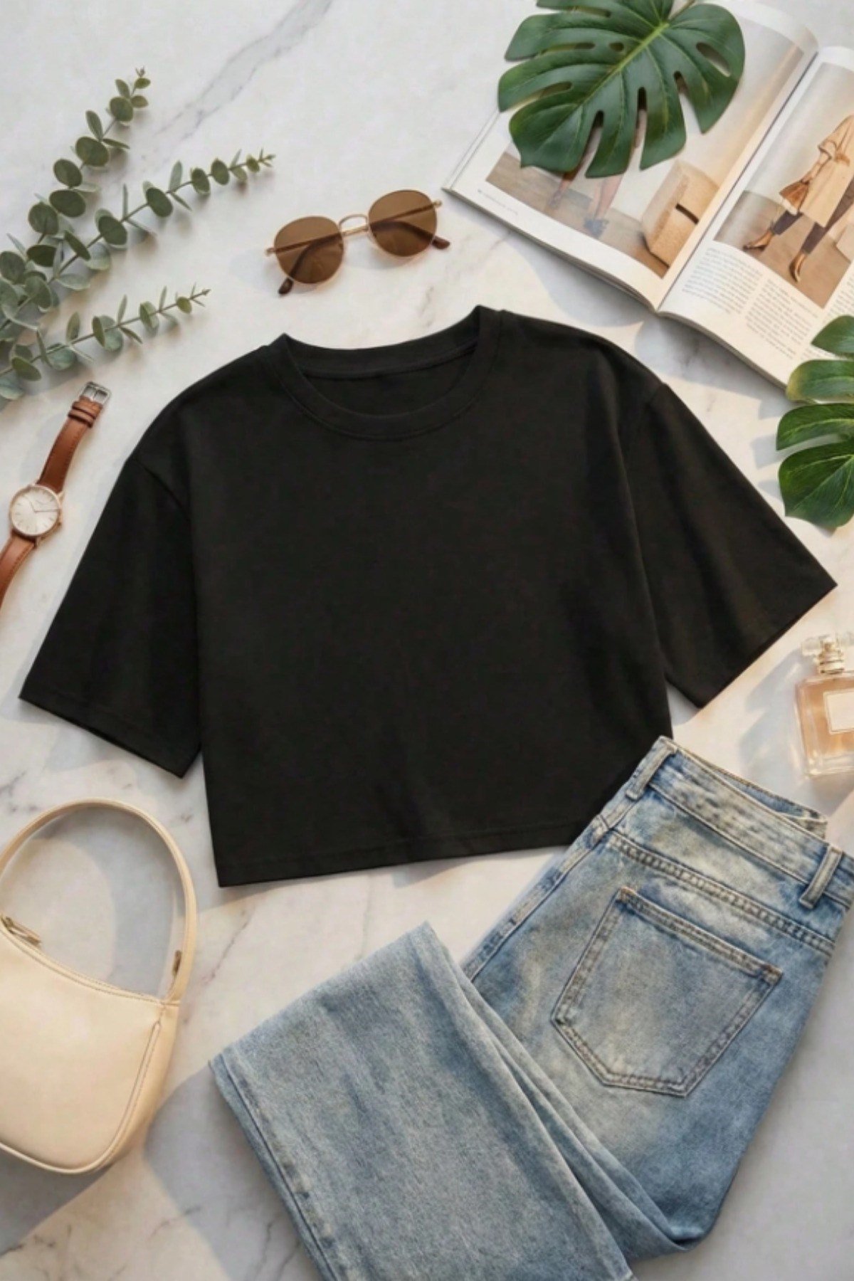Tarz CoolCropCRPOVRSZ027SYHLXLKadın Bisiklet Yaka Oversize Crop Tişört - %100 Pamuklu Basic Kısa Kol