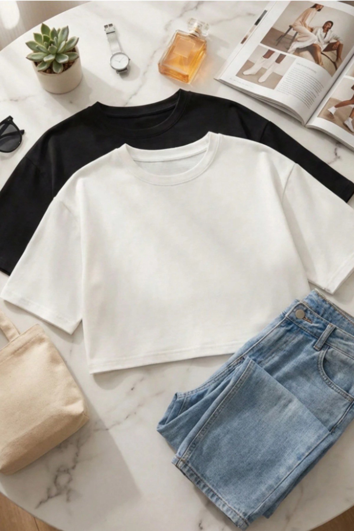 Tarz CoolCropCRPOVRSZ027SYHLXLKadın Bisiklet Yaka Oversize Crop Tişört - %100 Pamuklu Basic Kısa Kol