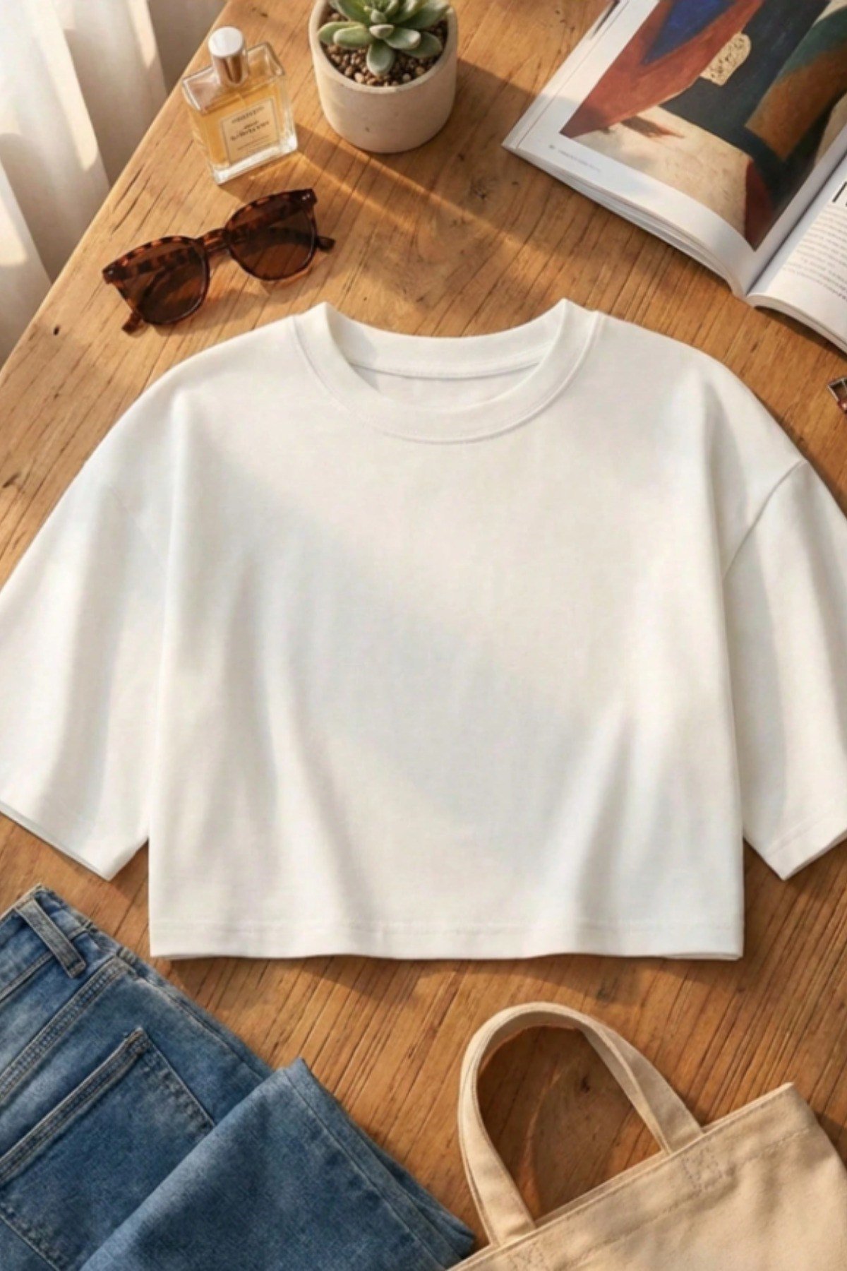 Tarz CoolCropCRPOVRSZ027SYHLXLKadın Bisiklet Yaka Oversize Crop Tişört - %100 Pamuklu Basic Kısa Kol