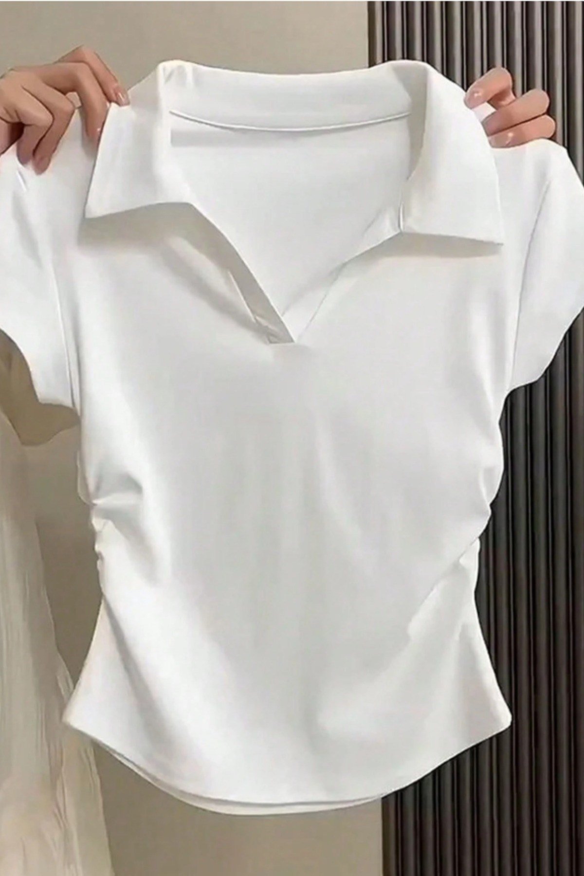 Tarz CoolCropDZPLOYKKD-026SYMKadın Slim Polo Yaka Crop Esnek Kumaş Günlük Basic Tişört