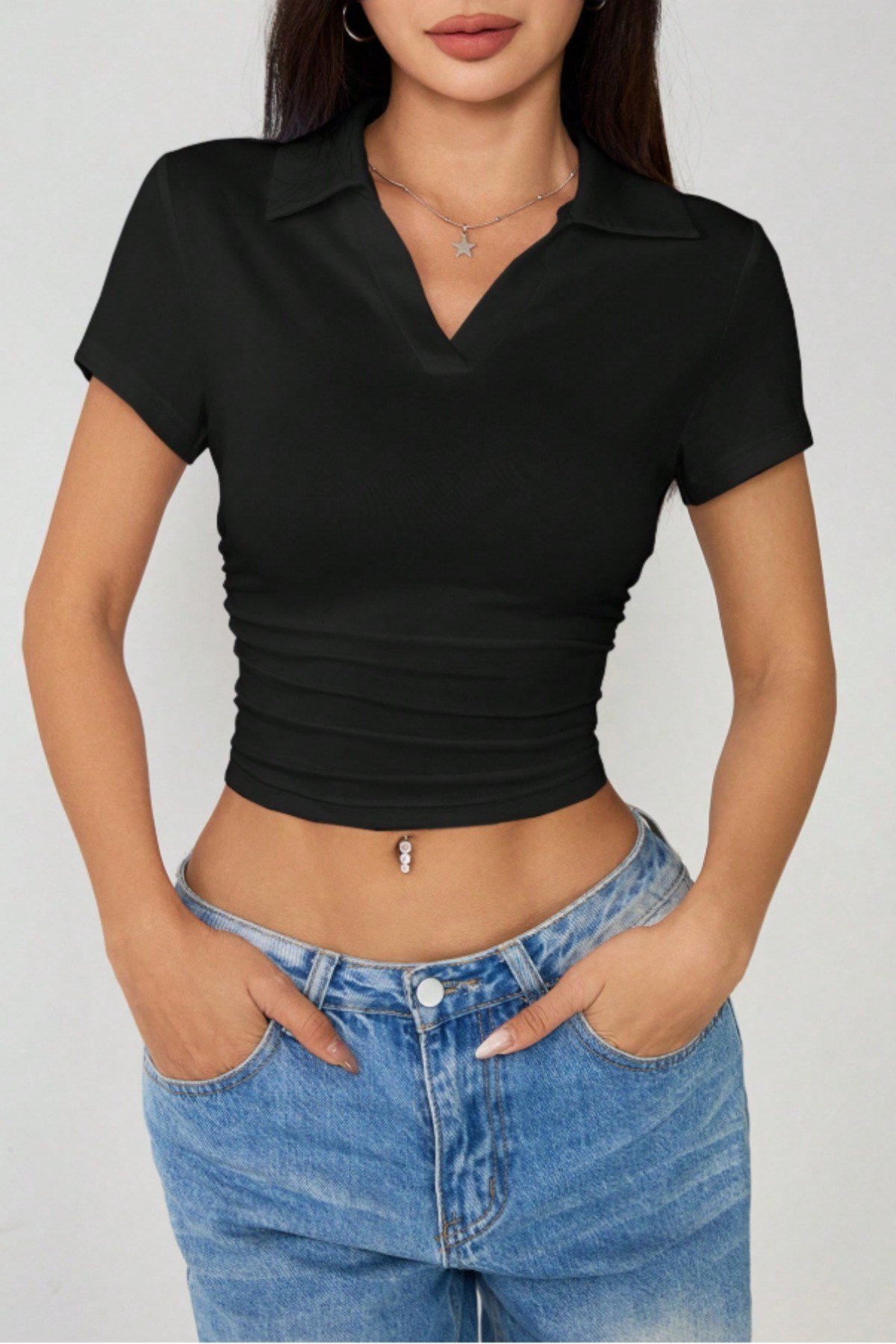 Tarz CoolCropDZPLOYKKD-026SYMKadın Slim Polo Yaka Crop Esnek Kumaş Günlük Basic Tişört