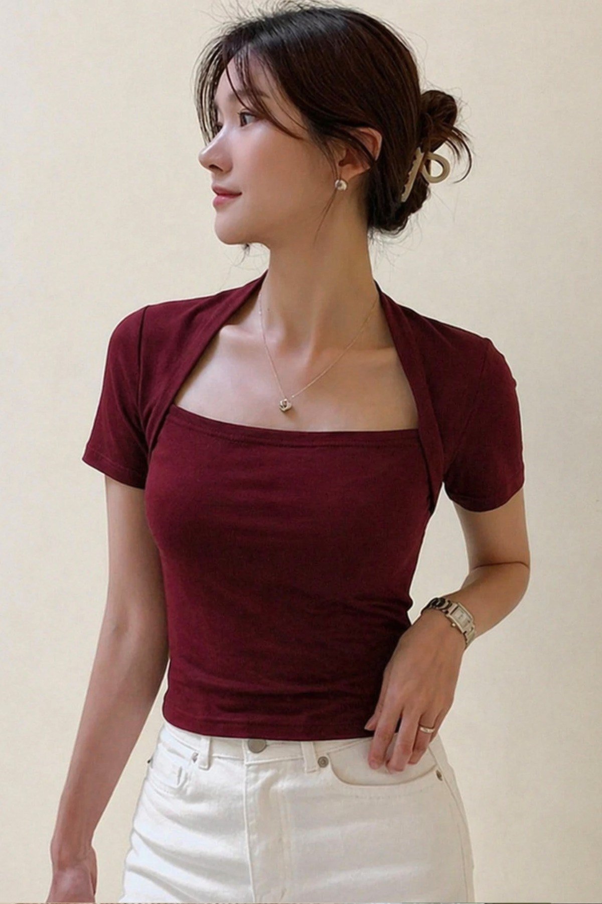 Tarz CoolCropKDN-KĞTŞ-01-HKİ-XLKadın Haki Kuğu Yaka Slim Kısa Kollu Fit Crop Bluz