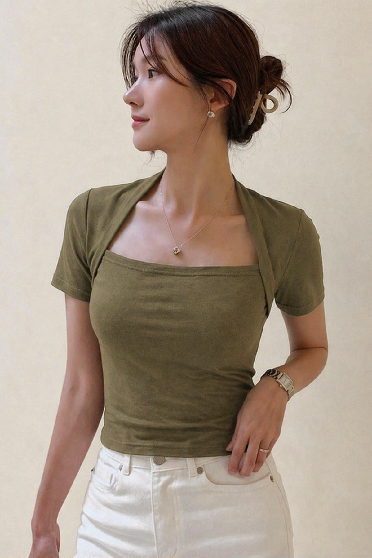 Tarz CoolCropKDN-KĞTŞ-01-HKİ-XLKadın Haki Kuğu Yaka Slim Kısa Kollu Fit Crop Bluz