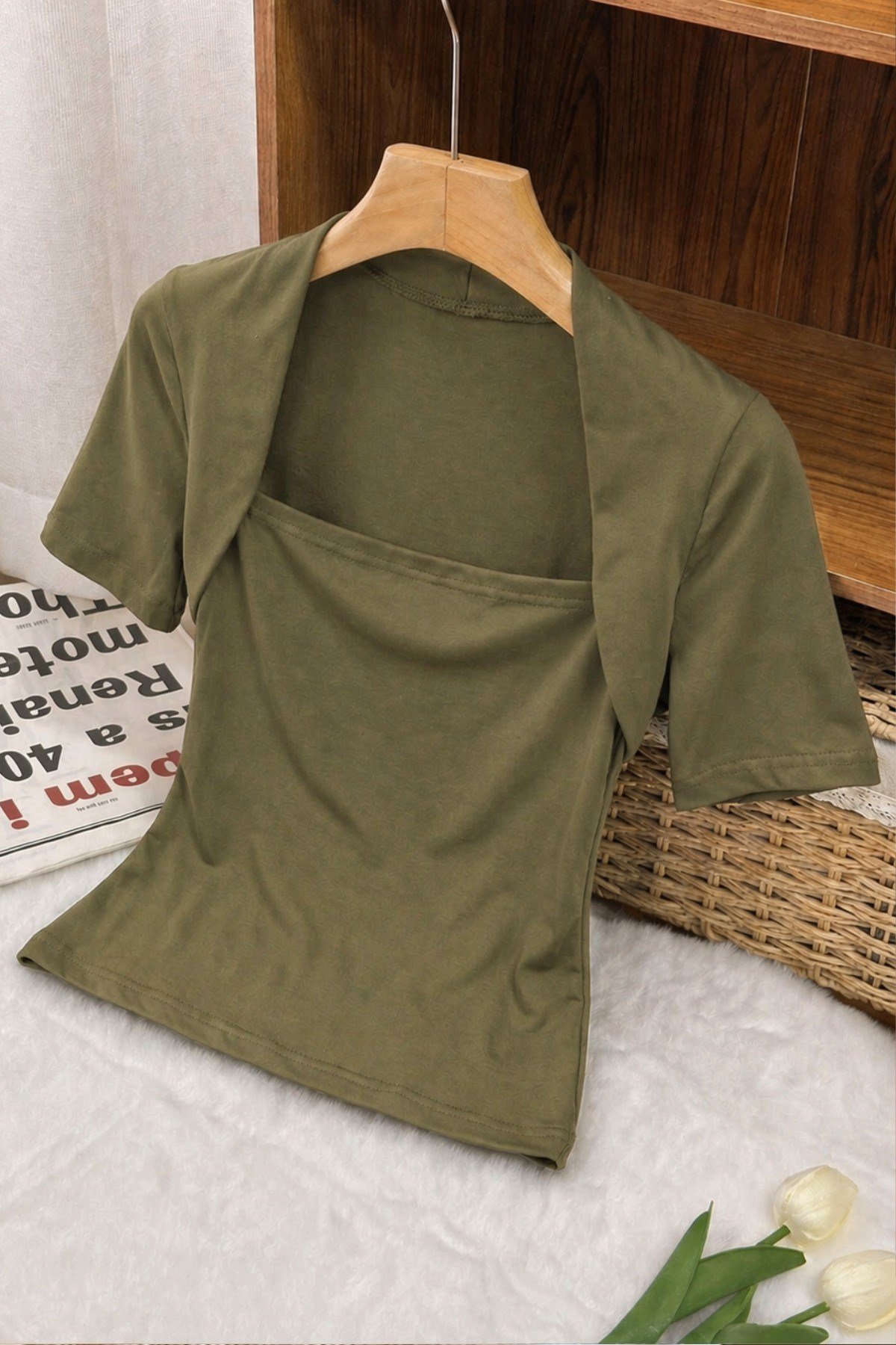 Tarz CoolCropKDN-KĞTŞ-01-HKİ-XLKadın Haki Kuğu Yaka Slim Kısa Kollu Fit Crop Bluz