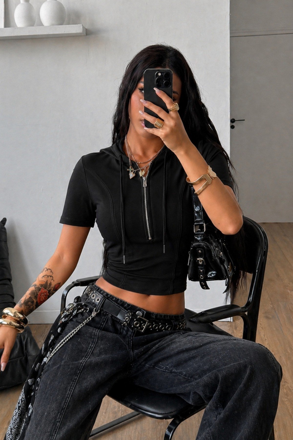Tarz CoolCropKPFRM-WMN-026-Beyaz-XLKapüşonlu Crop Tişört Fermuarlı Kısa Kollu Kadın Üst Body